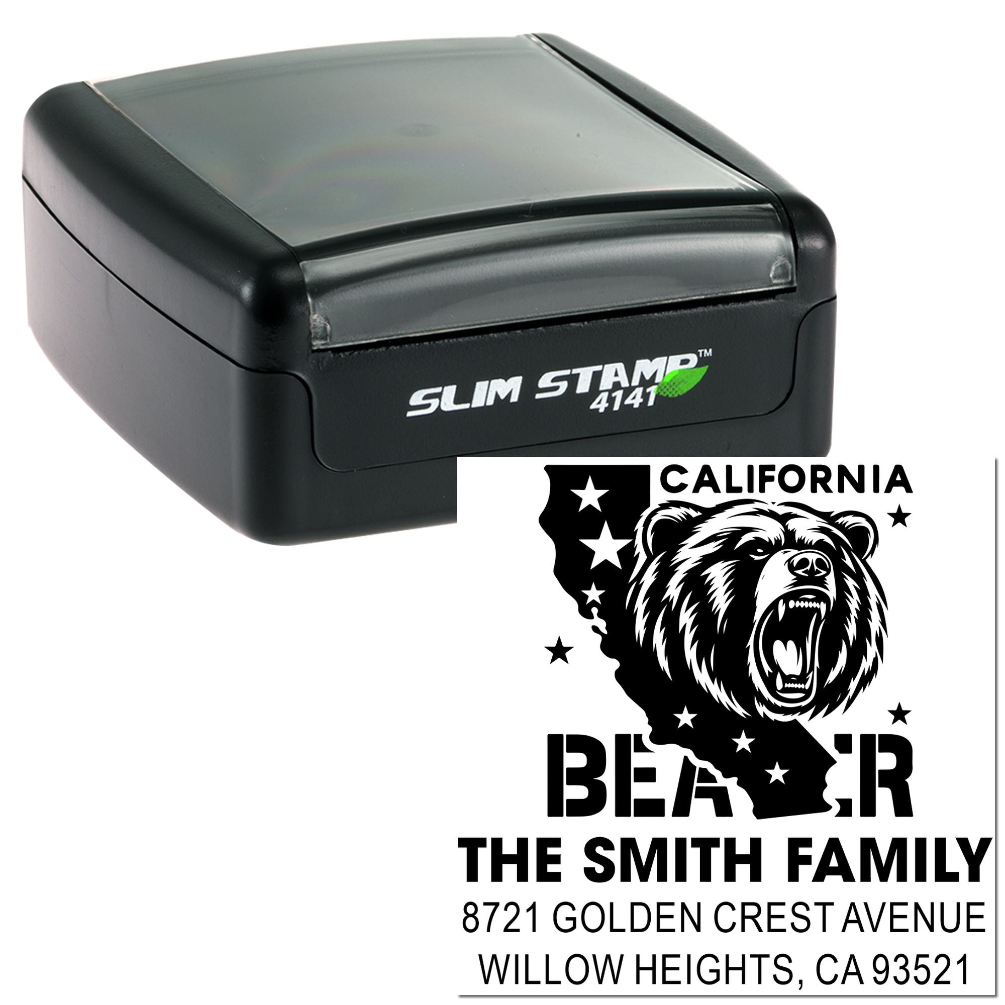 Custom self-inking rubber address stamp with California bear design for The Smith Family, Willow Heights, CA.