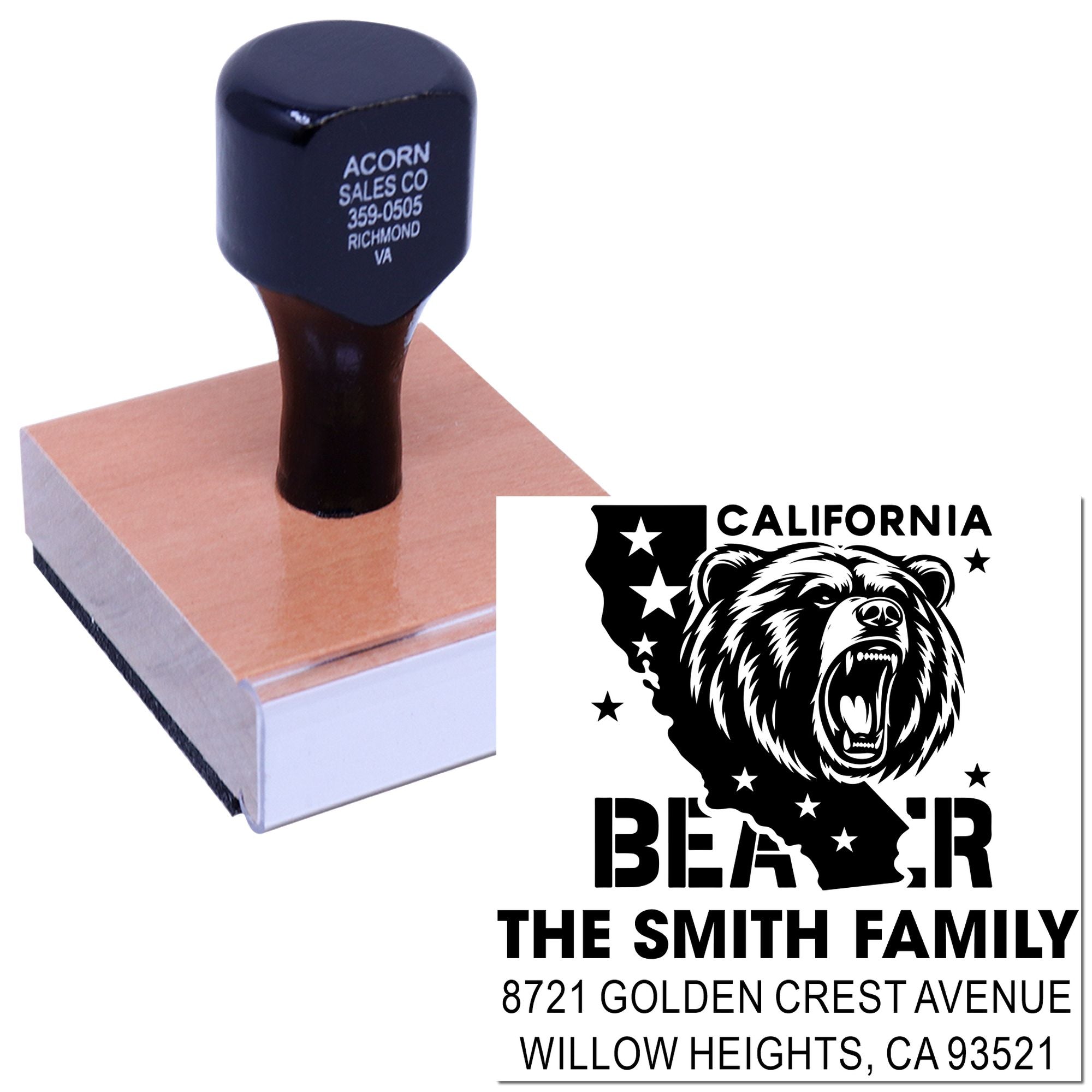 Custom rubber stamp with California bear return address design for personalized family address stamping