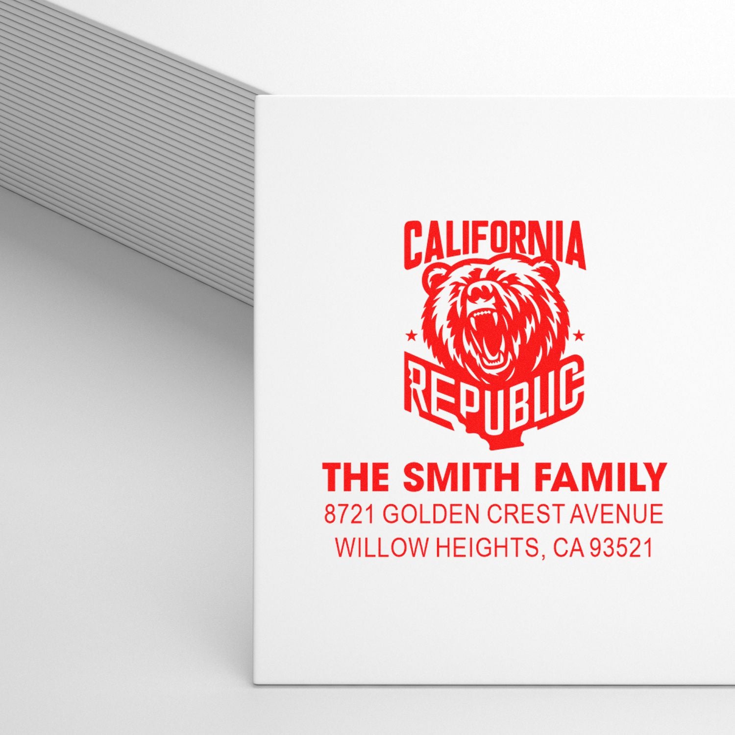 Custom California Republic bear address stamp for The Smith Family, with Willow Heights, CA return address.