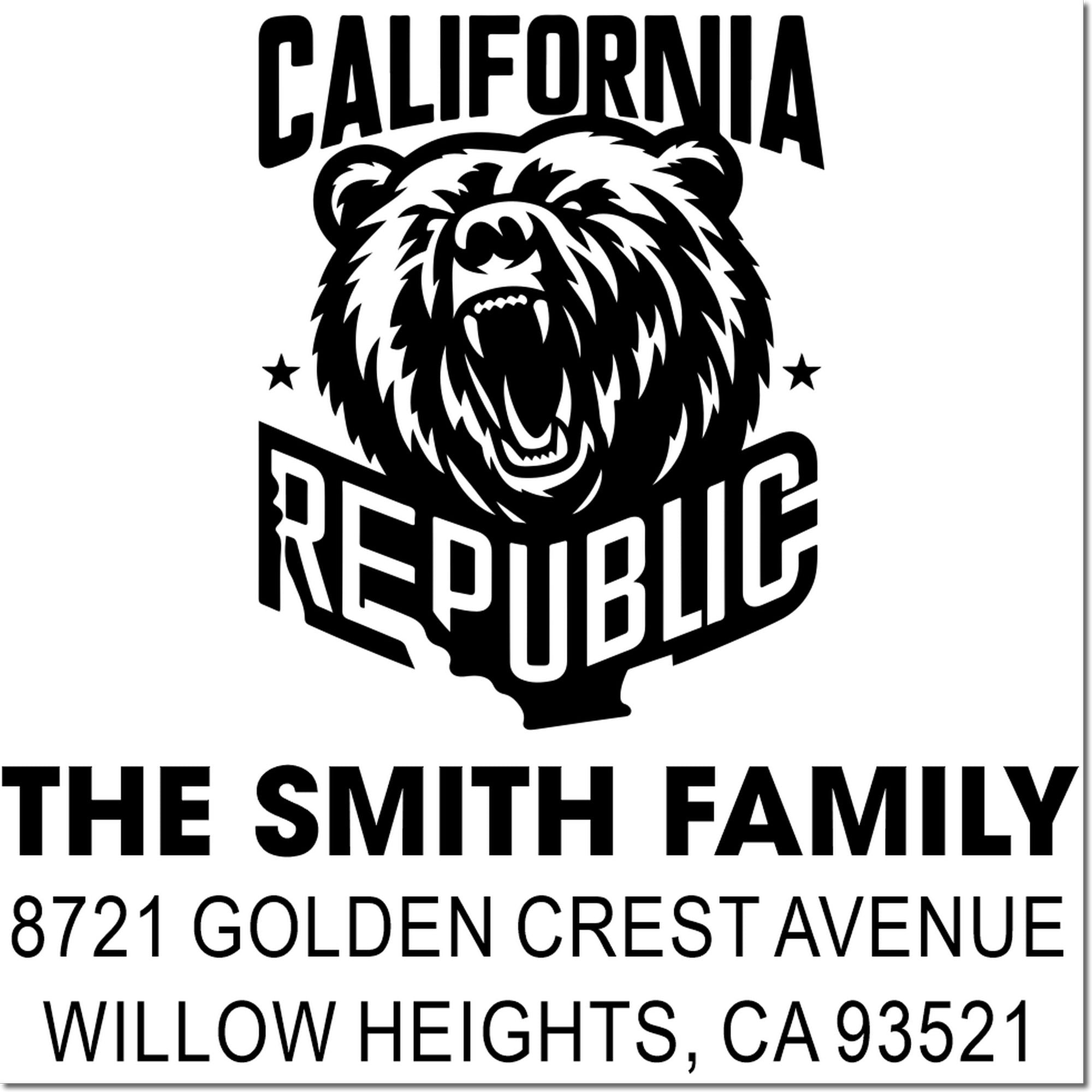 Custom California Republic family address rubber stamp for The Smith Family, 8721 Golden Crest Avenue, Willow Heights, CA 93521