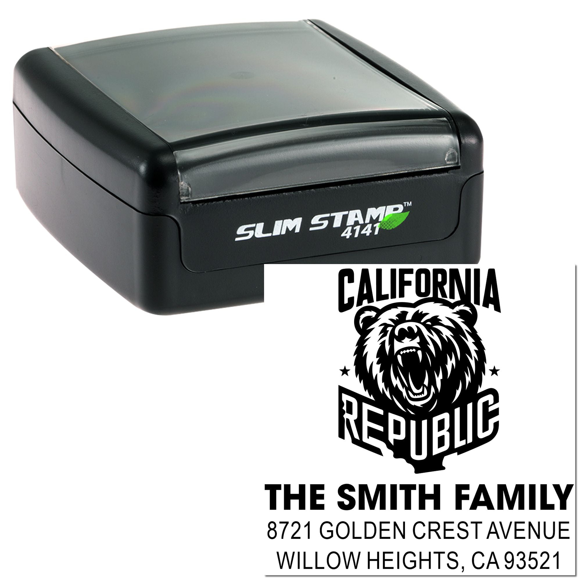 Slim Stamp 4141 self-inking rubber address stamp with California Republic bear design and custom family address.