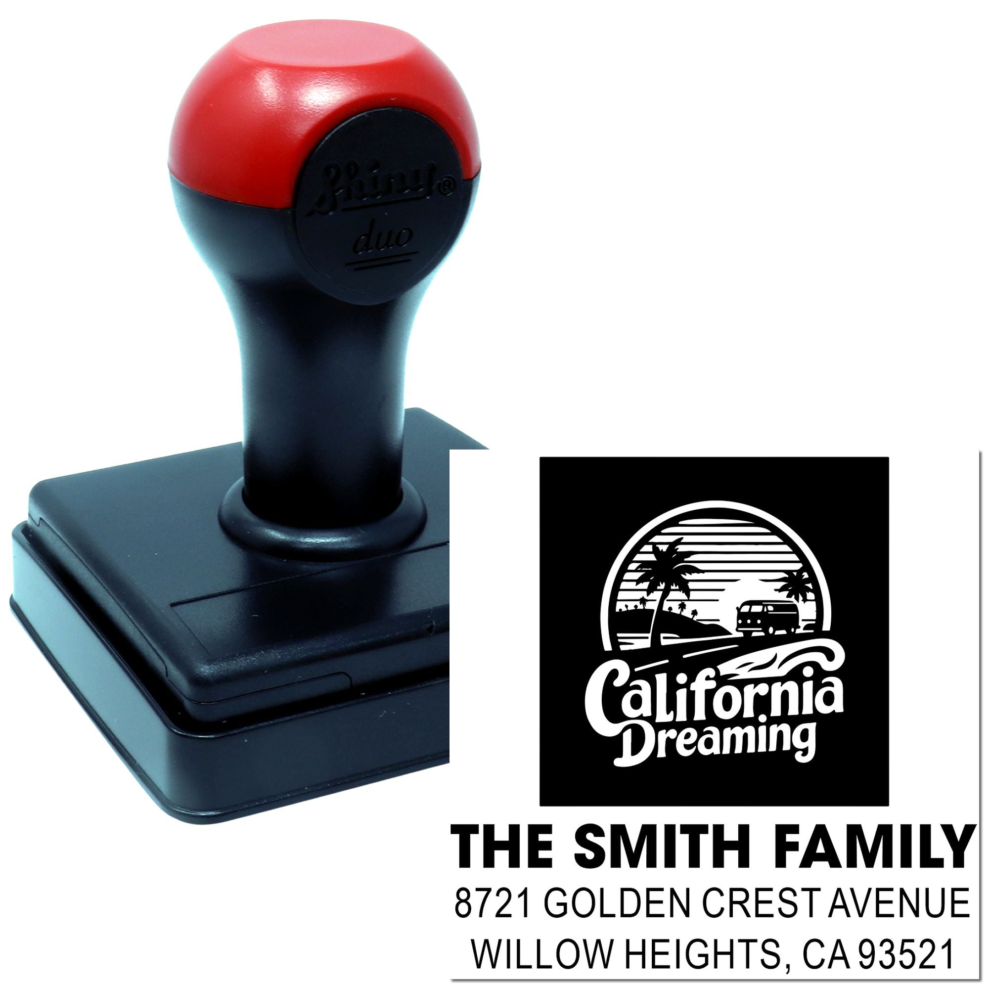Custom self-inking rubber address stamp with California Dreaming design and Smith family mailing address.