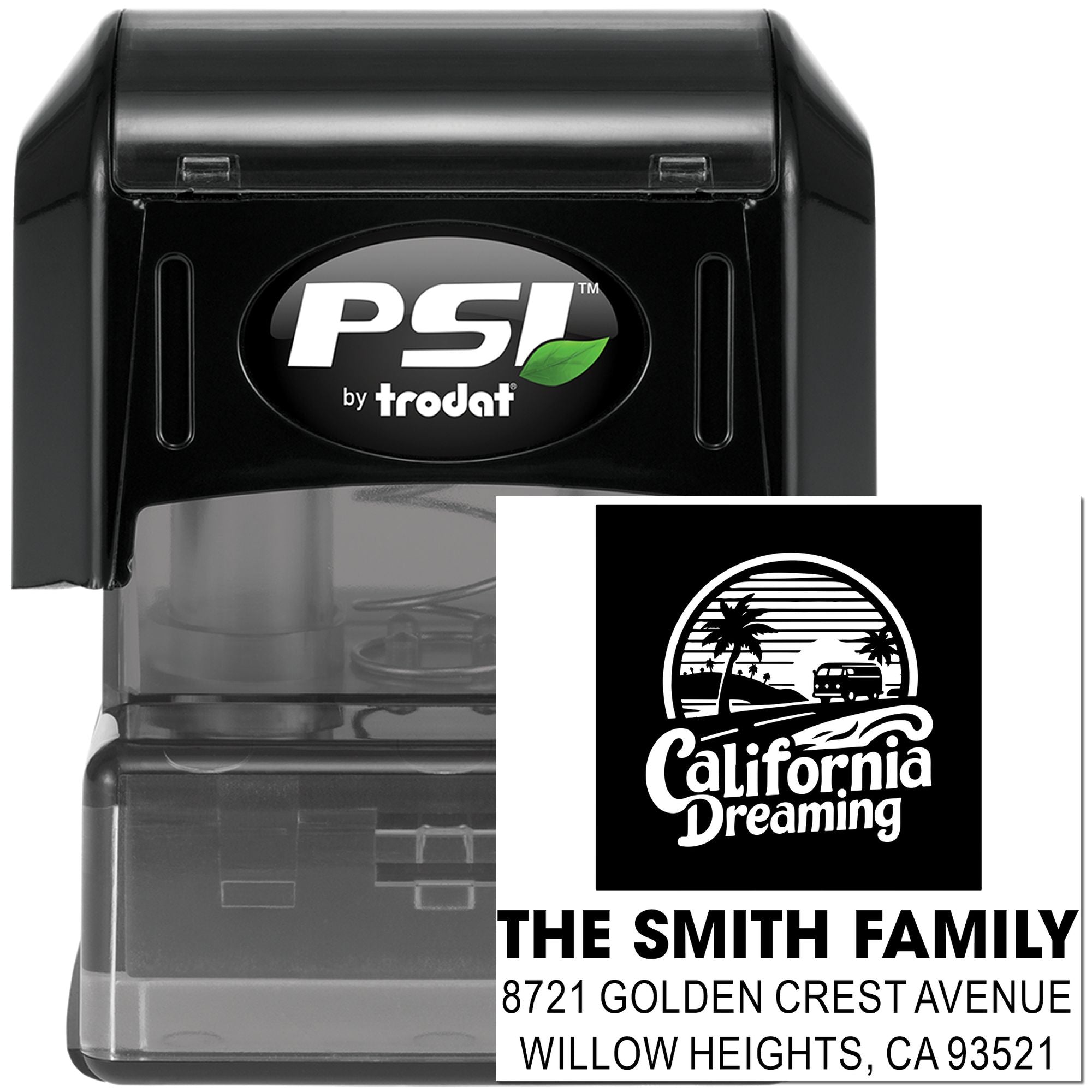 Custom self-inking rubber return address stamp by PSI Trodat with California Dreaming design for The Smith Family.
