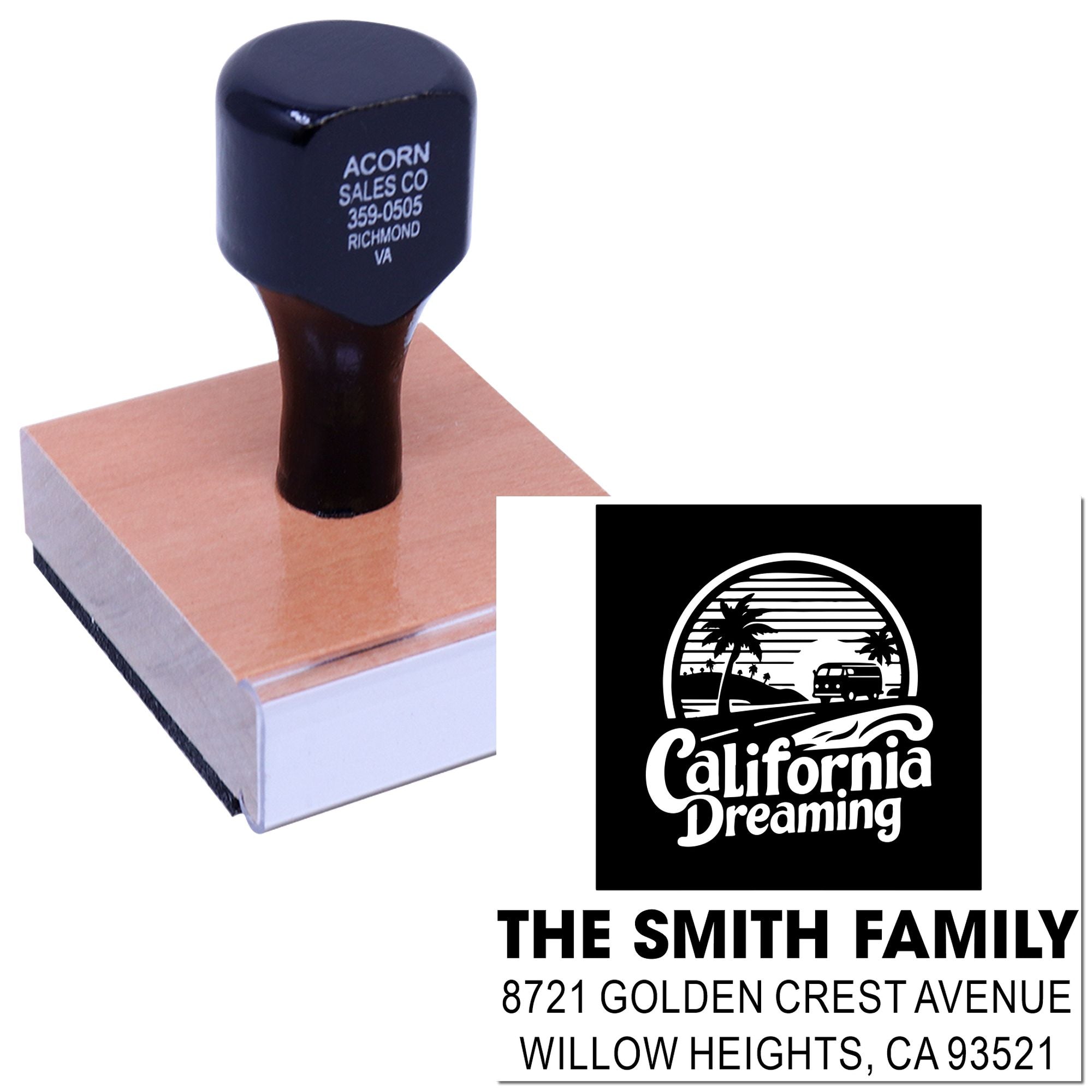 Custom rubber address stamp with California Dreaming design and Smith family return address for personalized mailings.