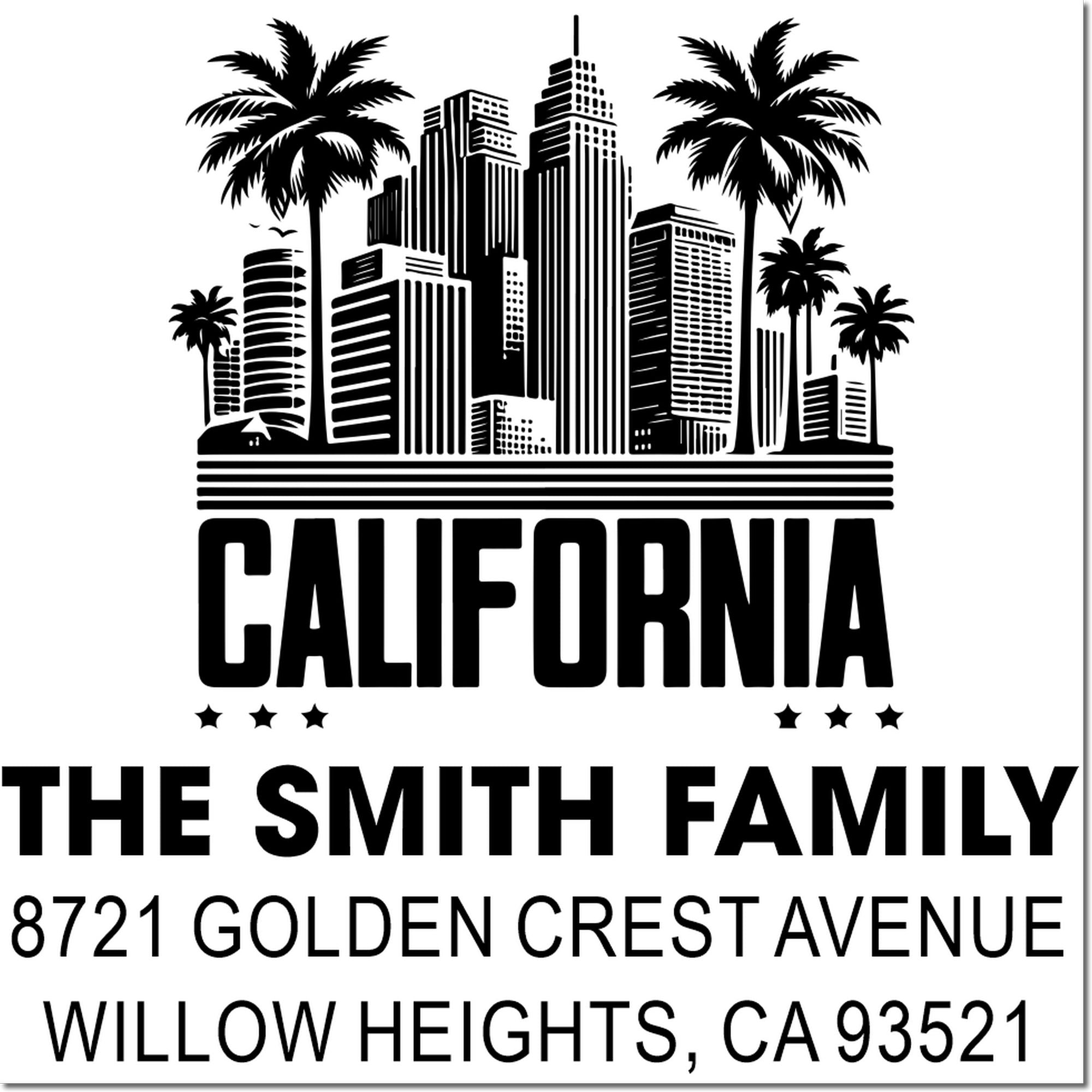 Custom California return address rubber stamp with palm trees, skyline, and The Smith Family, Willow Heights, CA address.