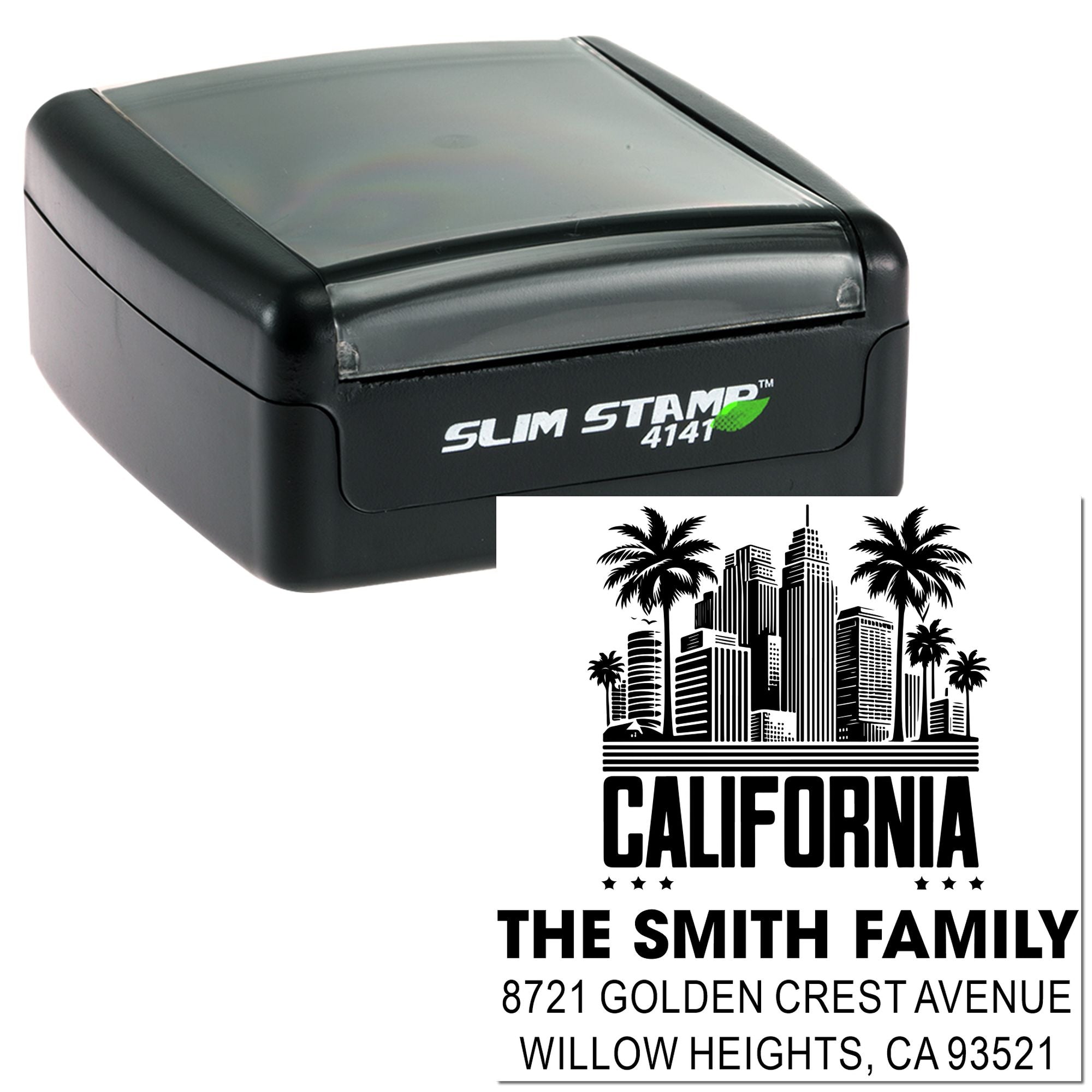 Custom self-inking return address rubber stamp with California skyline design for The Smith Family.