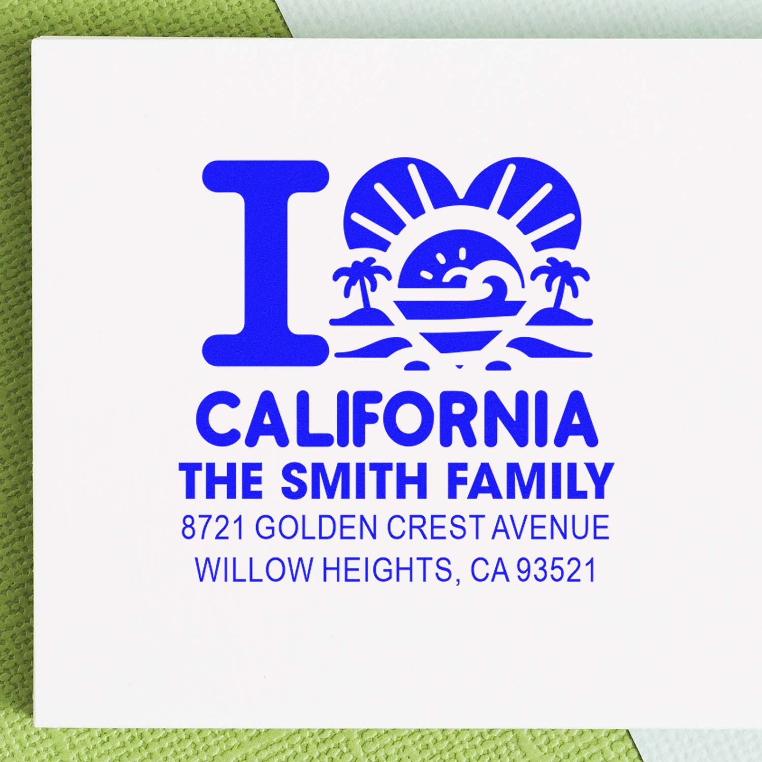 Custom California return address rubber stamp for The Smith Family, with beach sunset design and Willow Heights, CA address.
