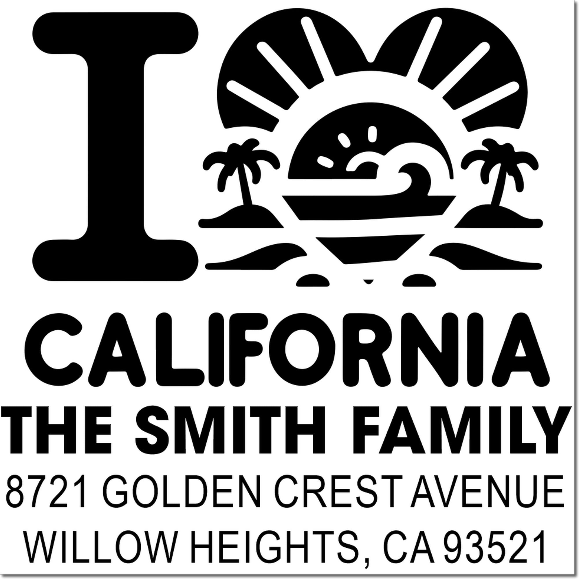 Custom California address rubber stamp for The Smith Family, 8721 Golden Crest Avenue, Willow Heights, CA 93521.