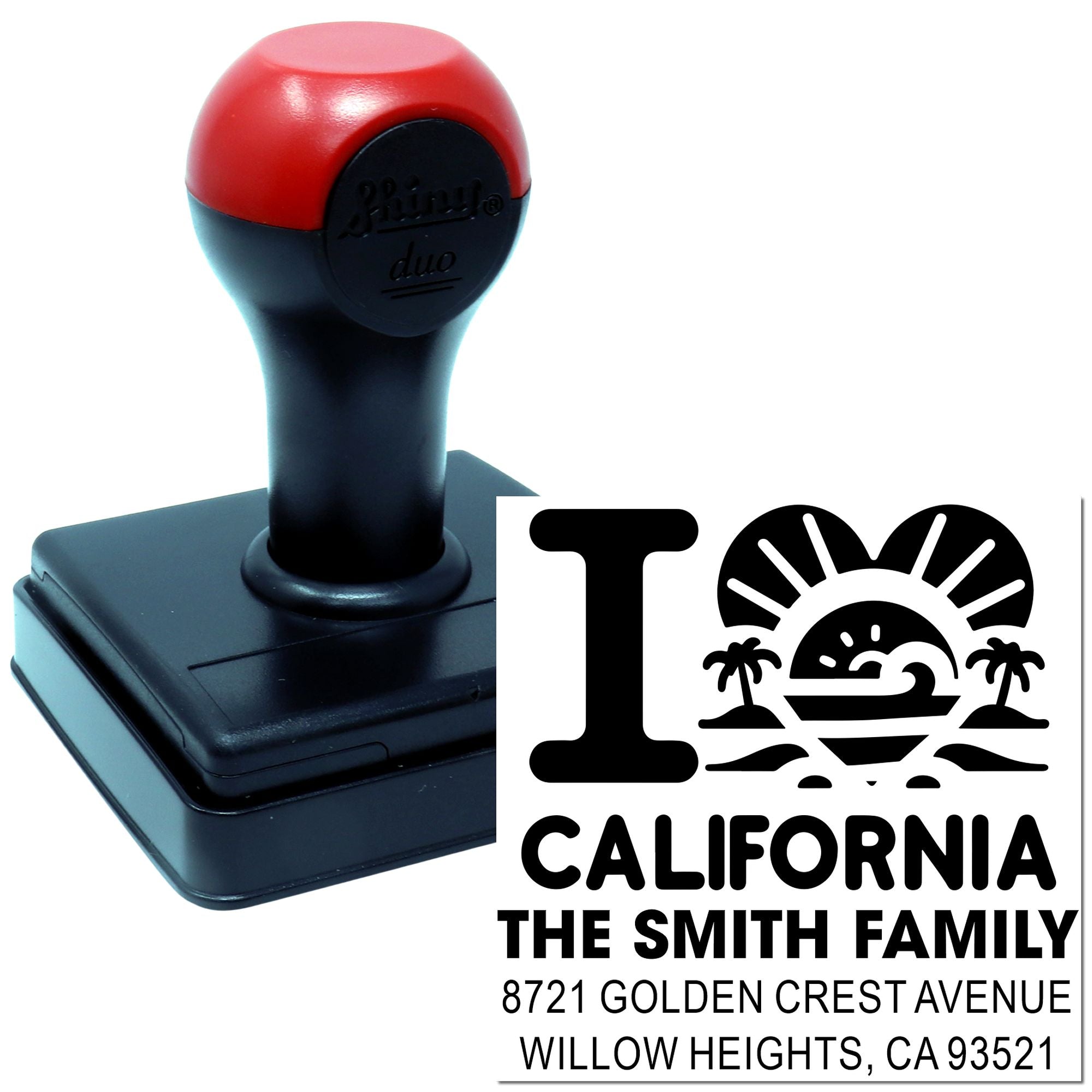 Custom self-inking California return address rubber stamp for The Smith Family, 8721 Golden Crest Avenue, Willow Heights, CA 93521