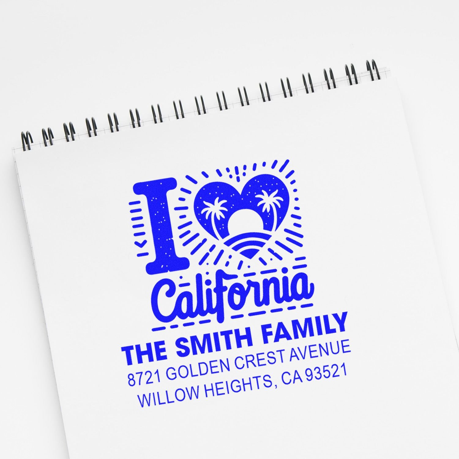 Custom rubber address stamp with I Love California design for The Smith Family, Willow Heights, CA.