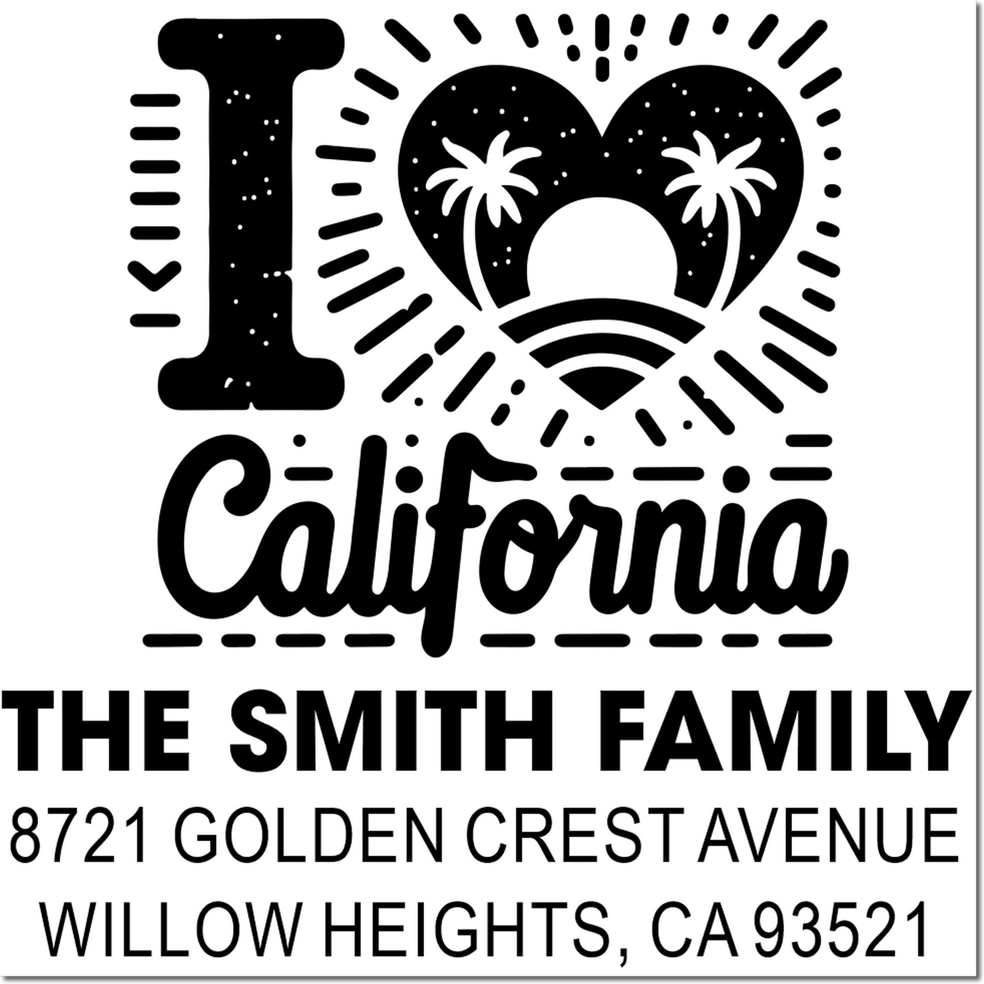 Custom California family return address rubber stamp with palm tree heart design for The Smith Family, Willow Heights, CA