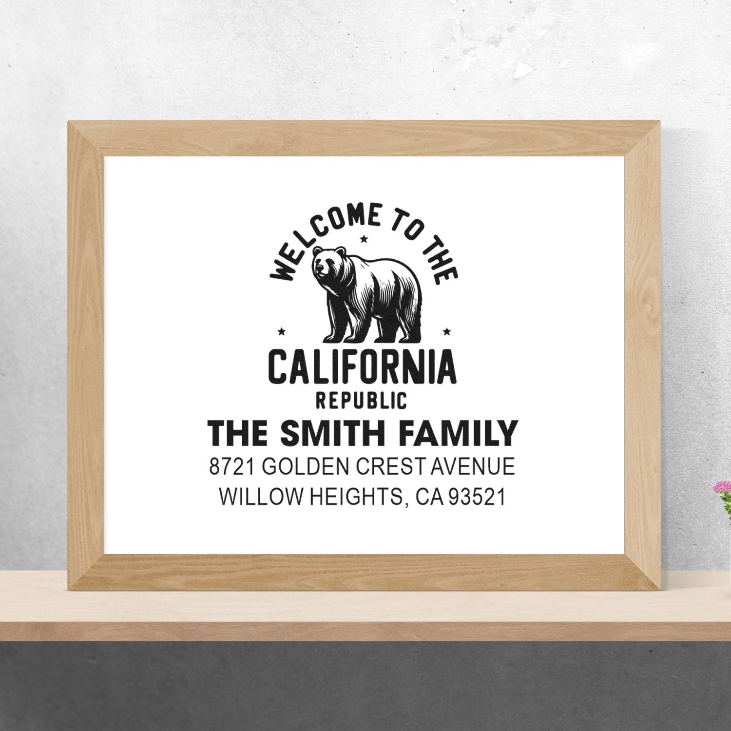 Custom California Republic bear rubber stamp design for The Smith Family address, featuring welcome text and Willow Heights, CA.
