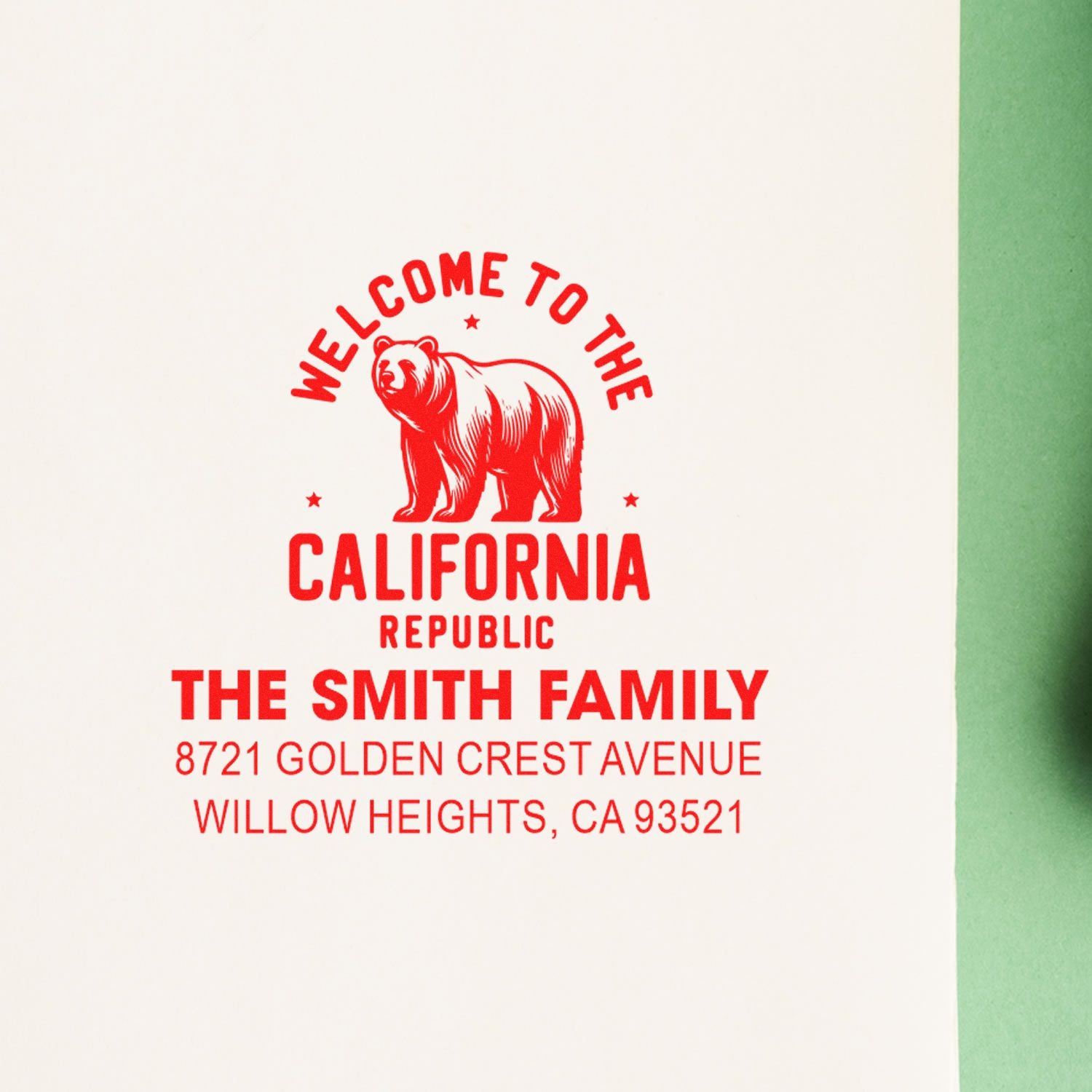 Custom California bear return address rubber stamp for The Smith Family, with home address in Willow Heights, CA.