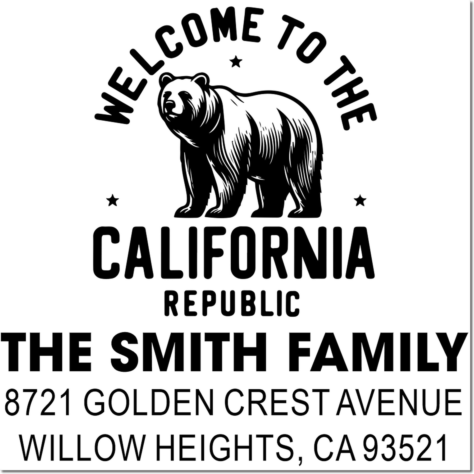 Custom California bear return address rubber stamp for The Smith Family, 8721 Golden Crest Avenue, Willow Heights, CA 93521.