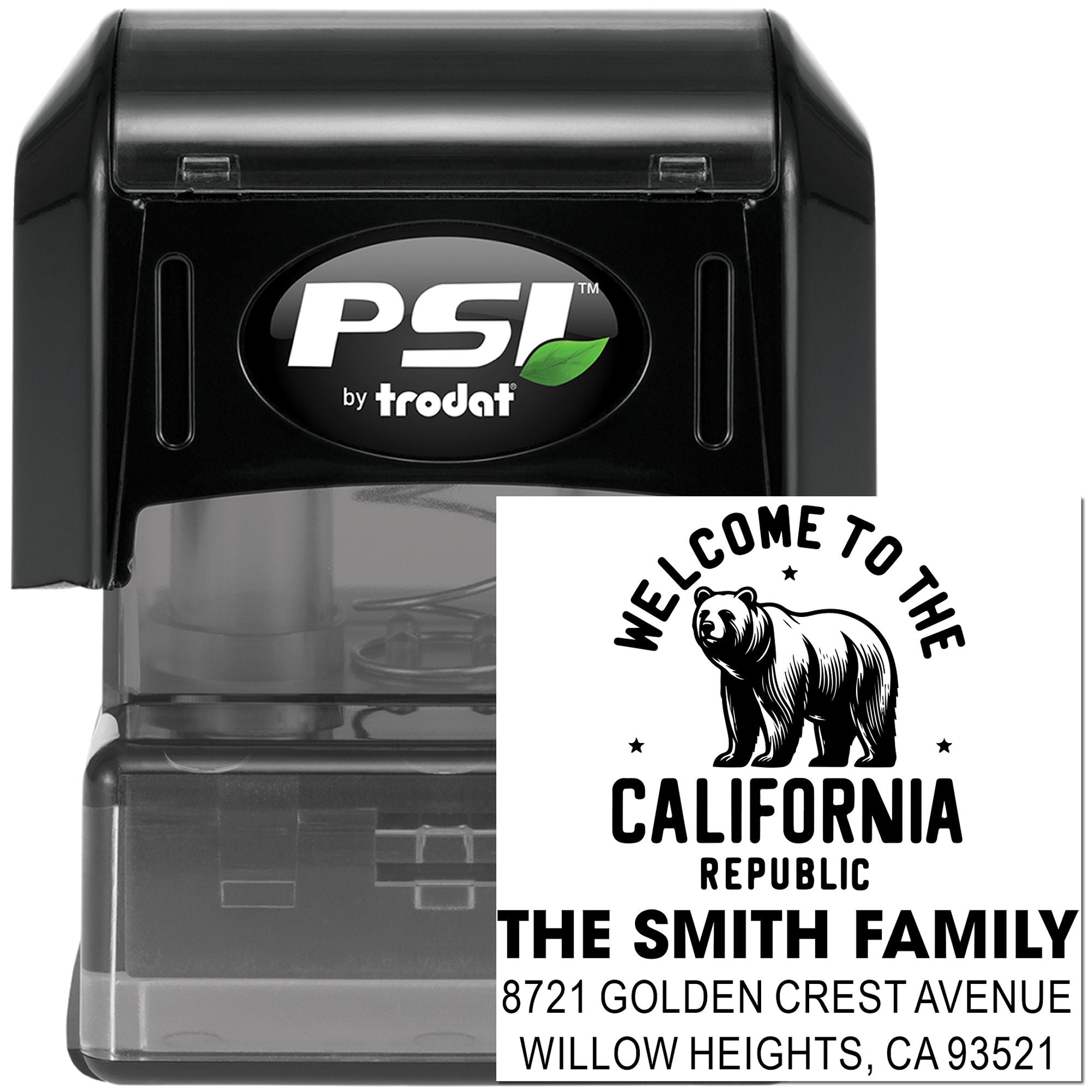 PSI by Trodat custom self-inking rubber address stamp with California bear design and personalized family address.