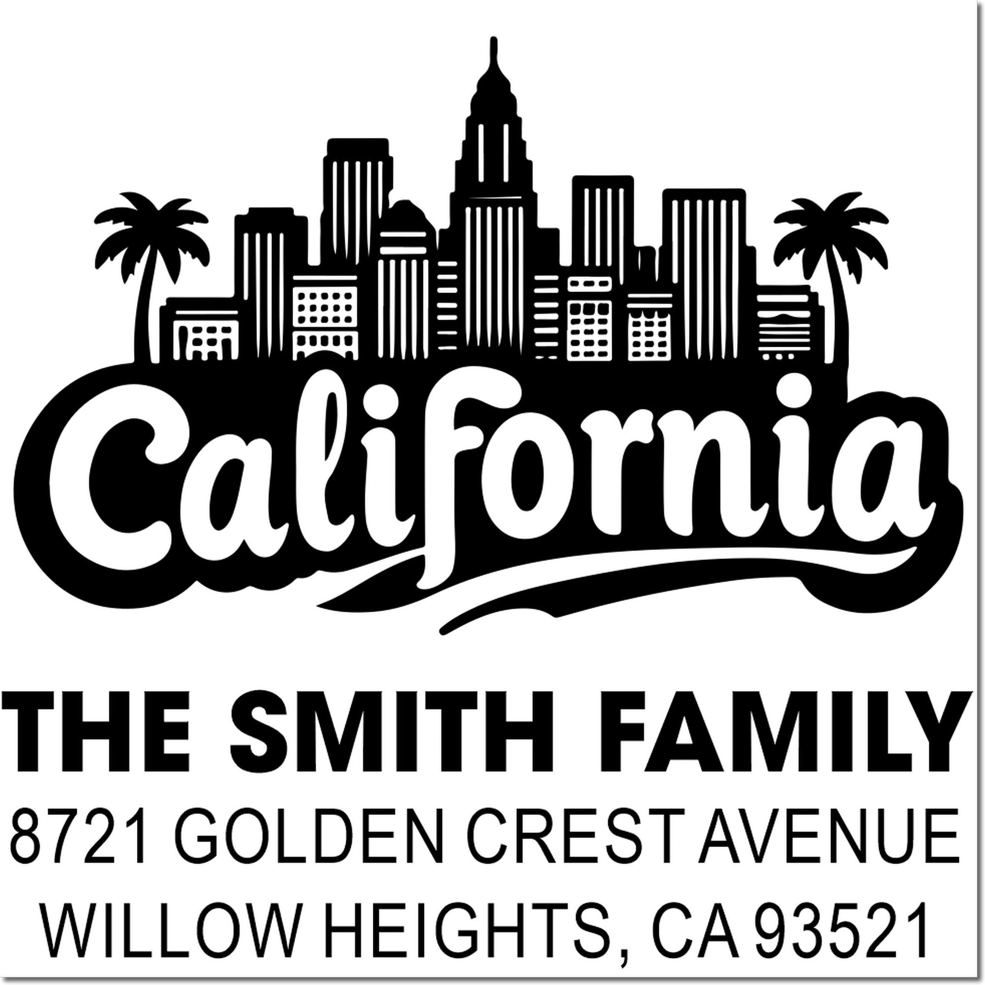 Custom California address rubber stamp for The Smith Family, 8721 Golden Crest Avenue, Willow Heights, CA 93521.