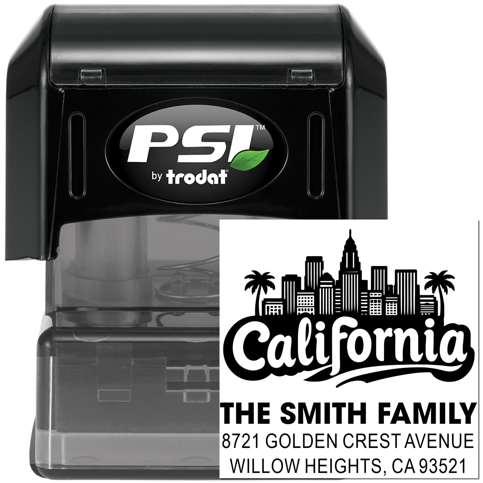 Personalized address rubber stamp with California skyline, The Smith Family name, and Willow Heights, CA return address.