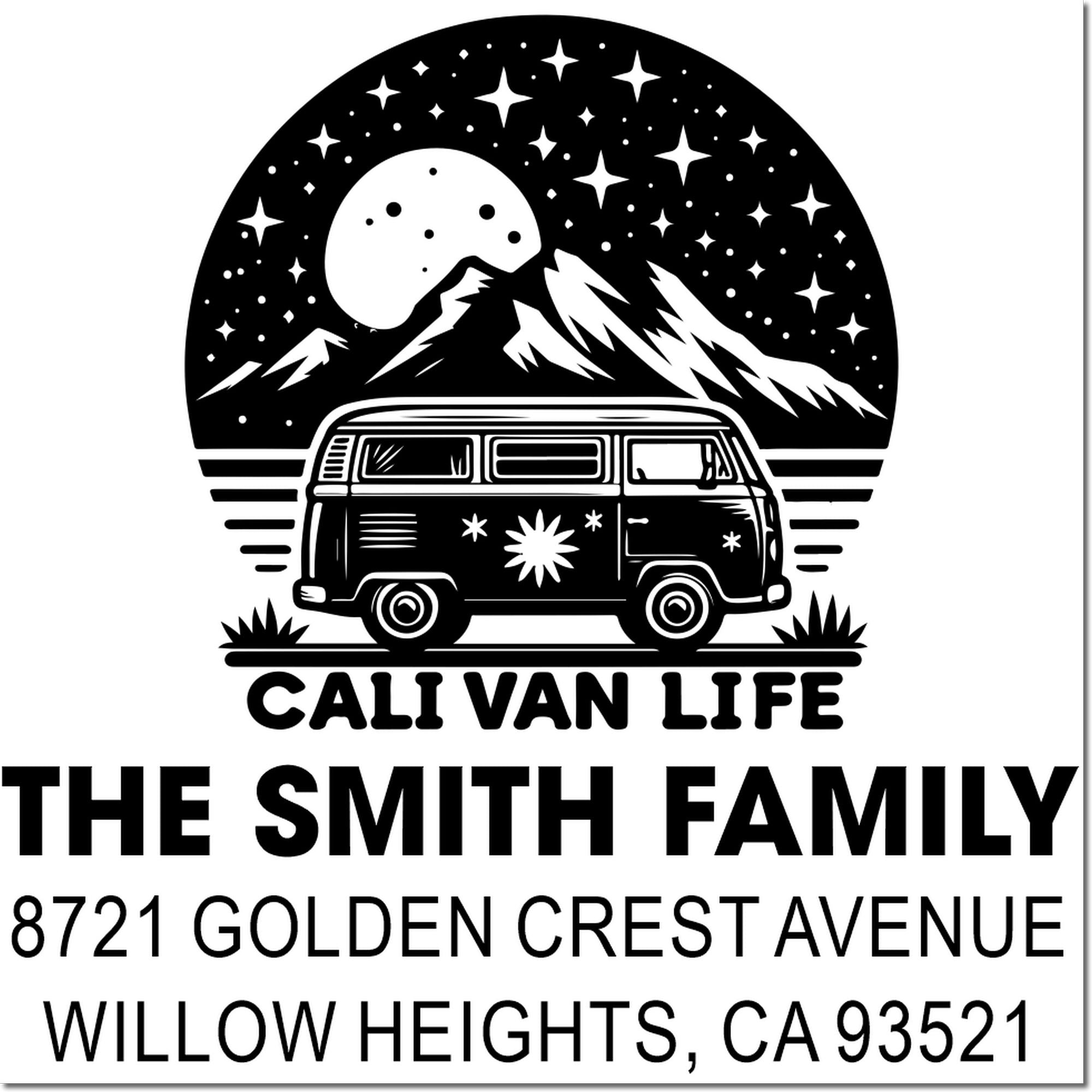 Custom personalized return address rubber stamp with Cali van life design for The Smith Family, Willow Heights, CA 93521