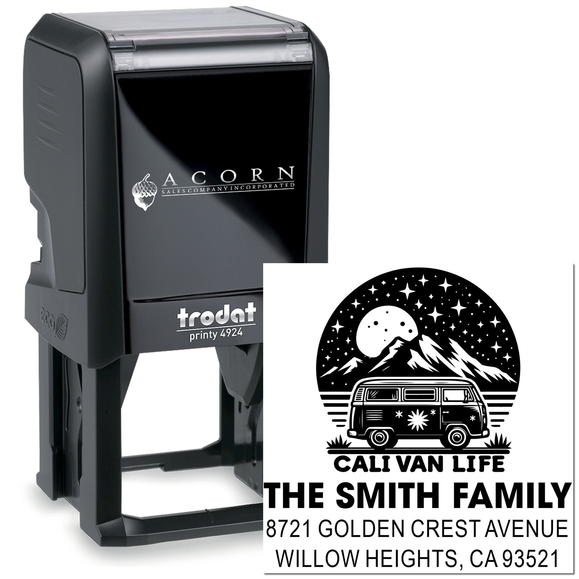 Custom self-inking rubber address stamp with Cali van life family design for personalized mailing and branding.