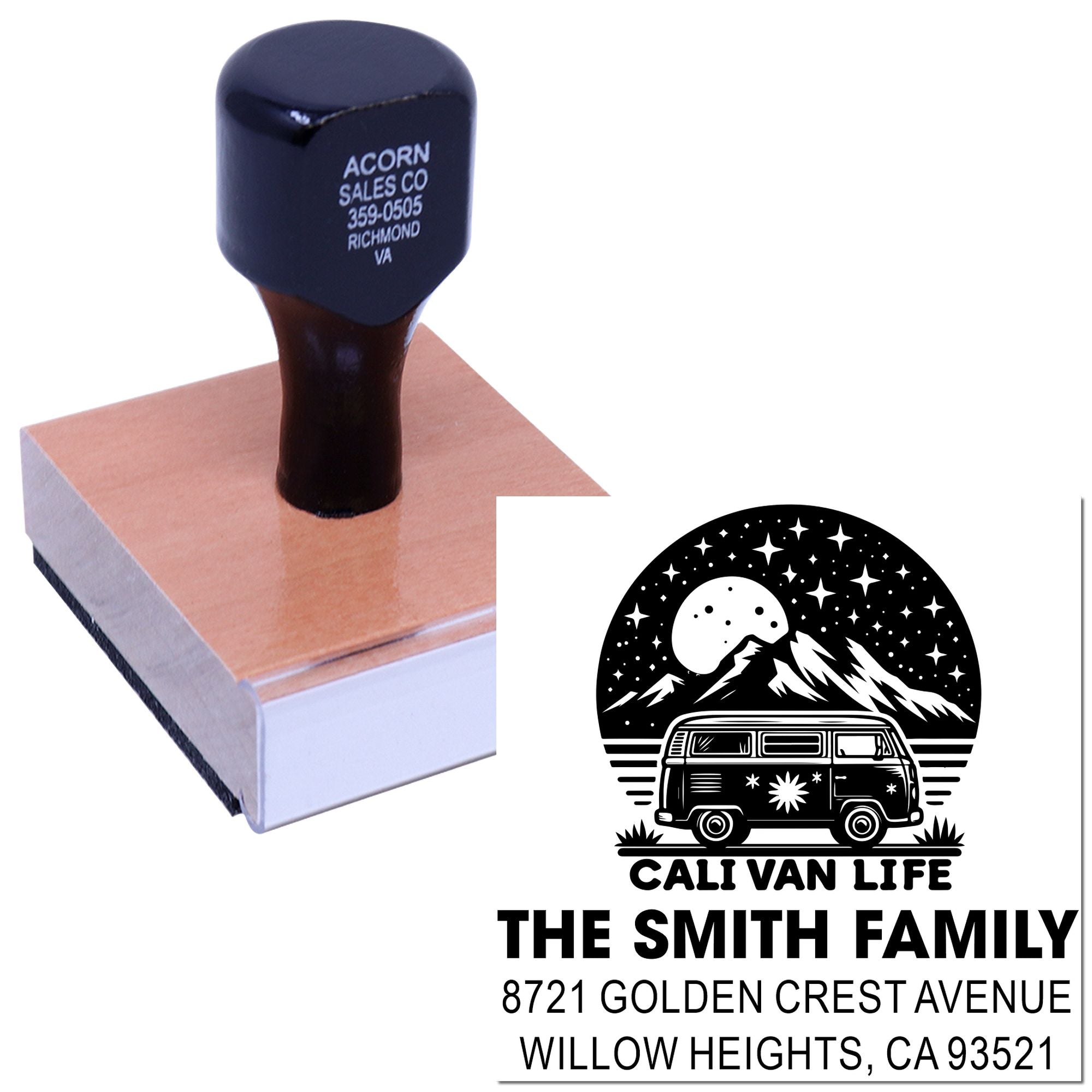 Custom address rubber stamp with The Smith Family van life design for personalized mail and return address labeling.