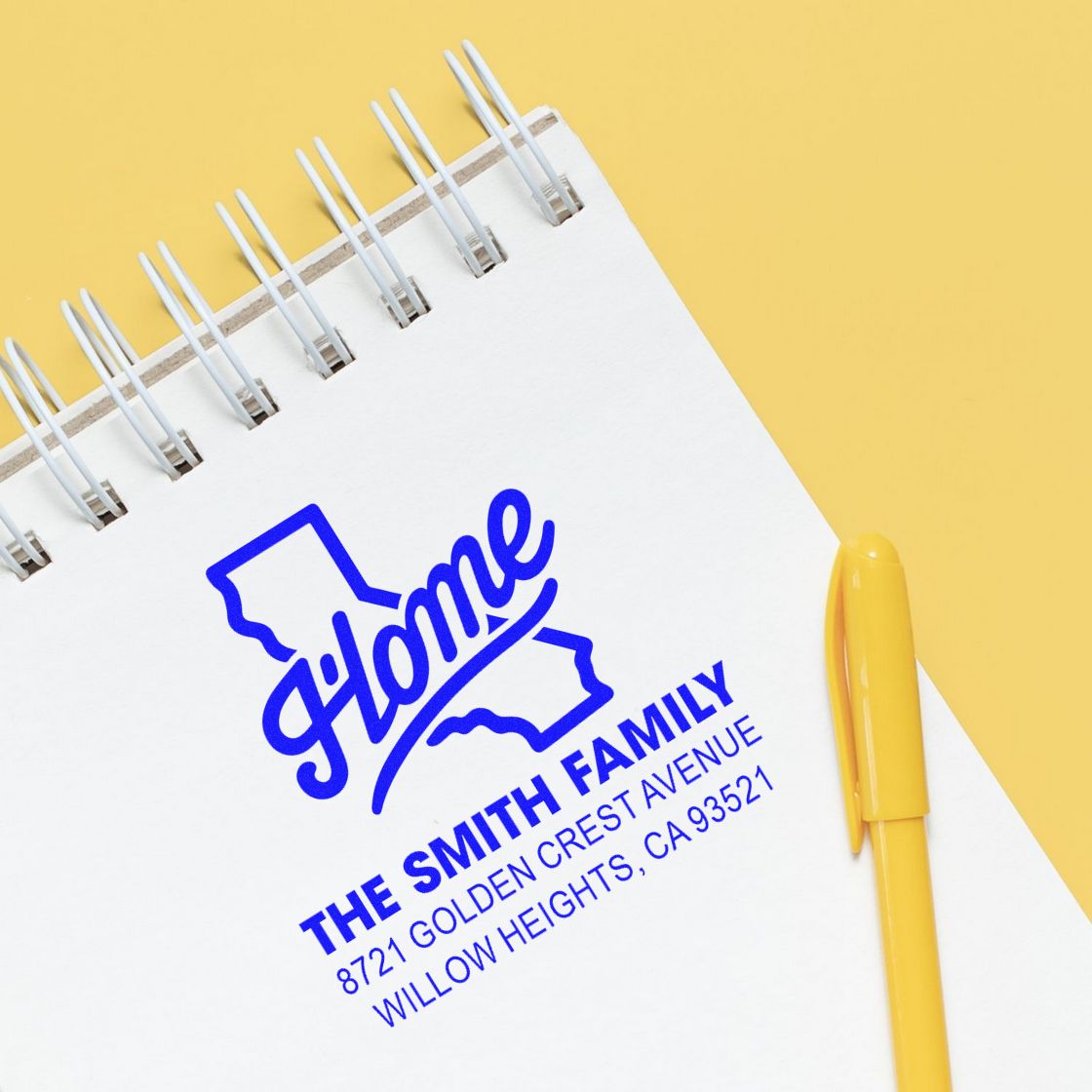 Custom return address rubber stamp with Home logo and Smith family address, ideal for personalized mailing and labeling.