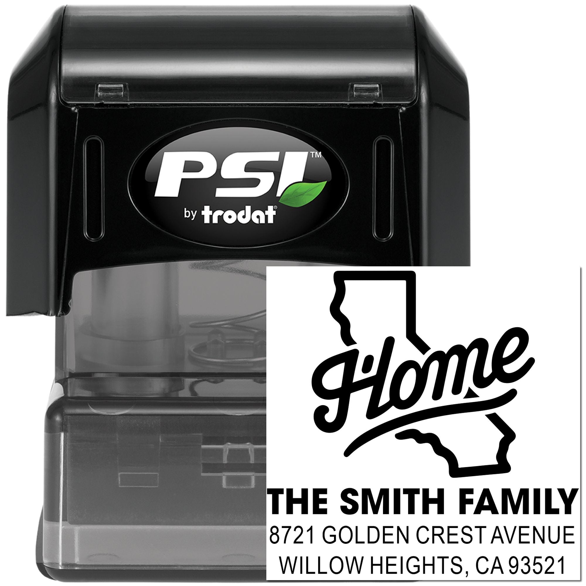 PSI by Trodat custom self-inking rubber address stamp with Home design for The Smith Family, Willow Heights, CA