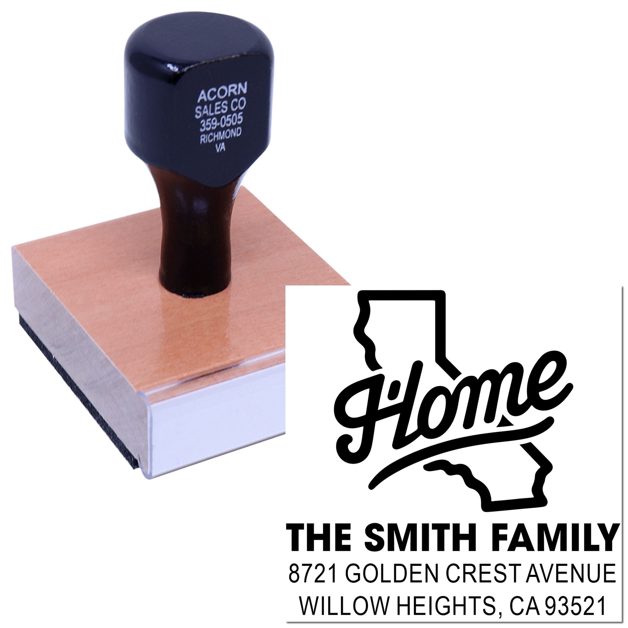 Custom rubber return address stamp with Home logo and family name for personalized envelopes, mail, and paperwork.