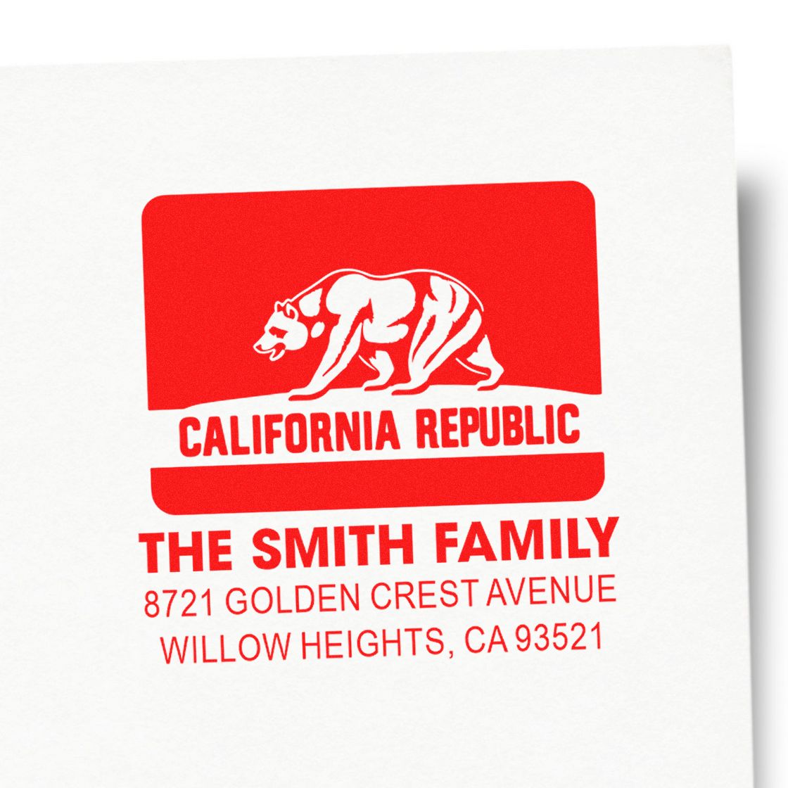 California Republic custom return address rubber stamp for The Smith Family, featuring bear logo and Willow Heights, CA address.