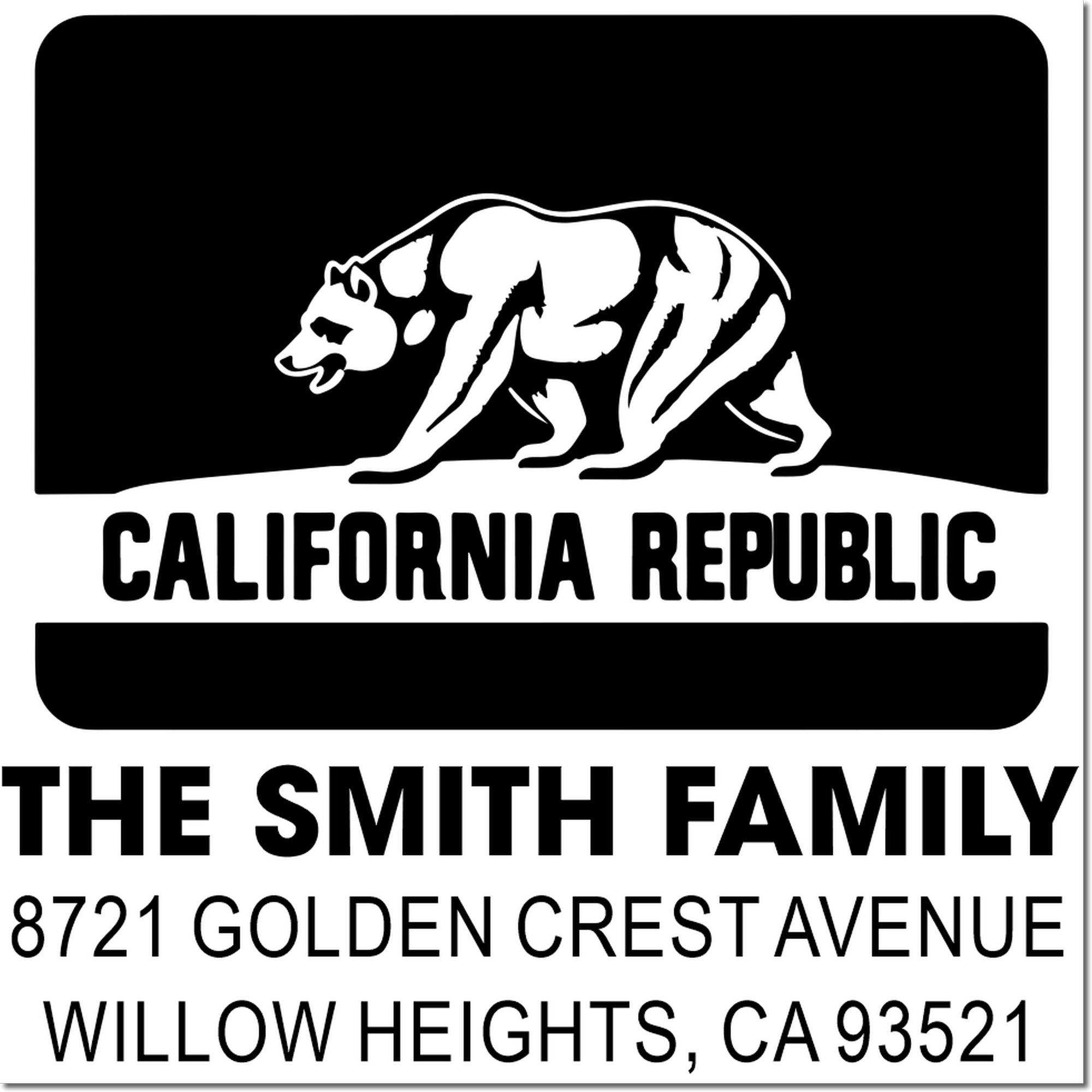 Custom California Republic bear address rubber stamp for The Smith Family, 8721 Golden Crest Avenue, Willow Heights, CA 93521.