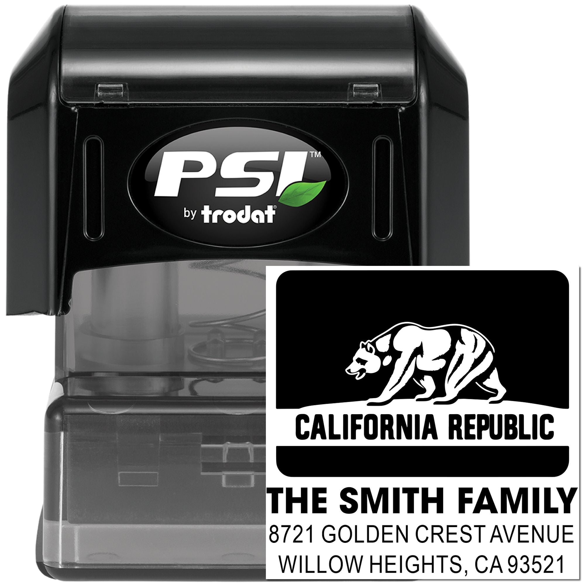 PSI by Trodat self-inking custom rubber address stamp with California Republic bear and The Smith Family return address.