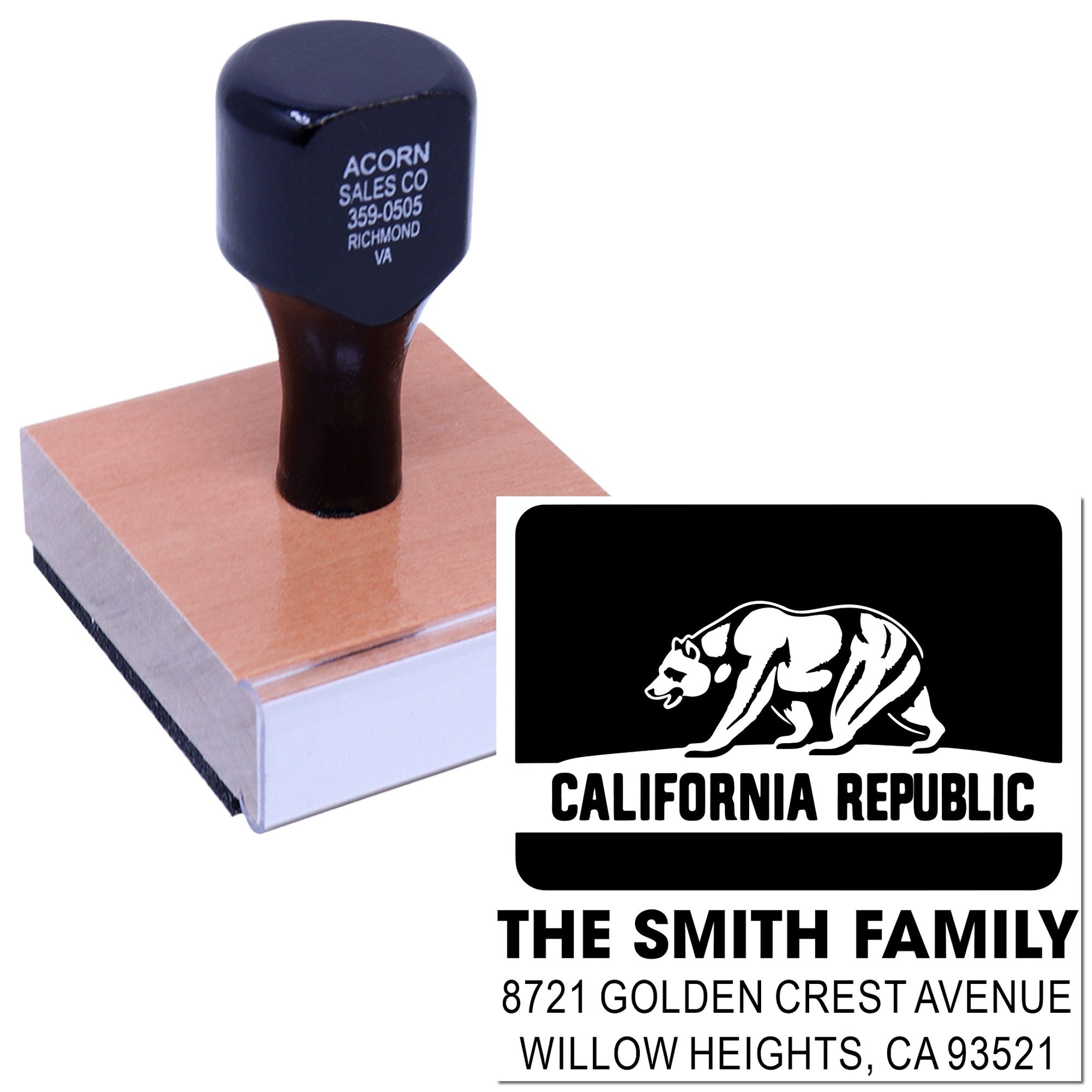 Custom rubber address stamp with California Republic bear design for The Smith Family return mail and personalized mailing use.