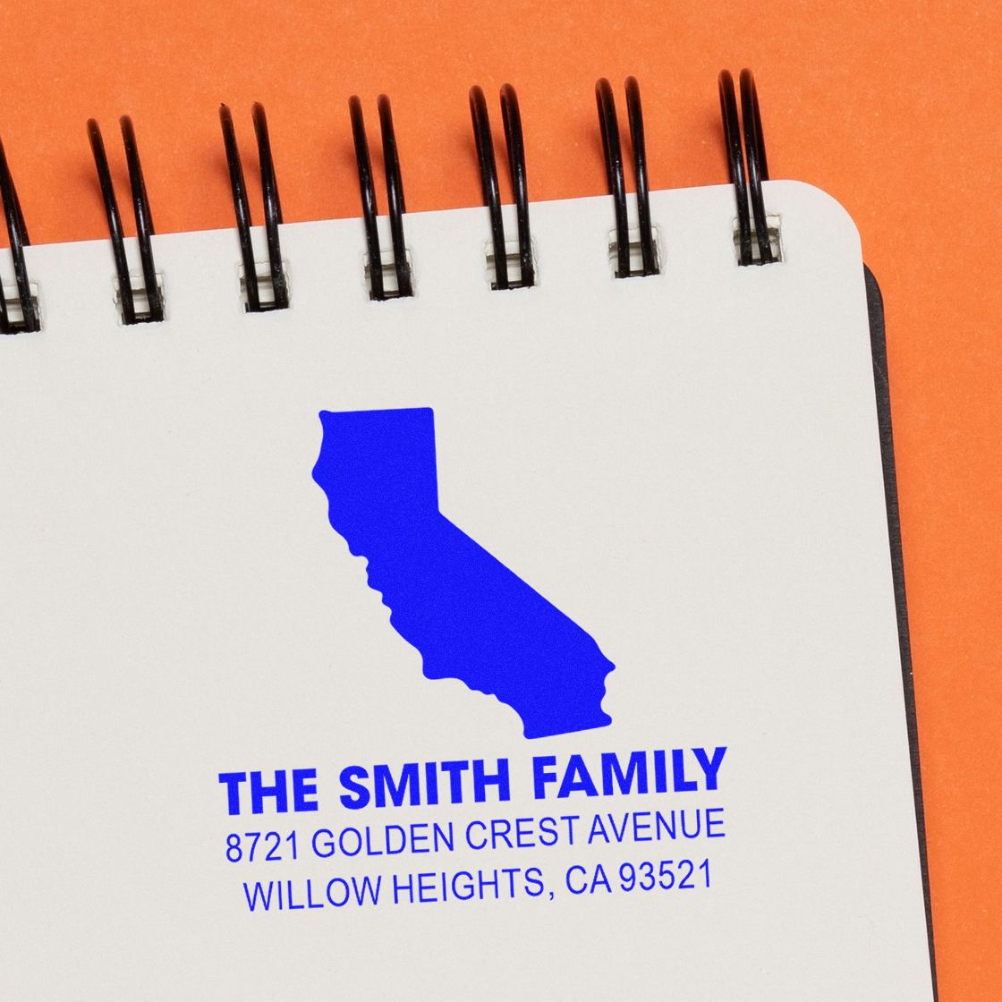 Custom rubber address stamp for The Smith Family, featuring a California silhouette and Willow Heights, CA return address.
