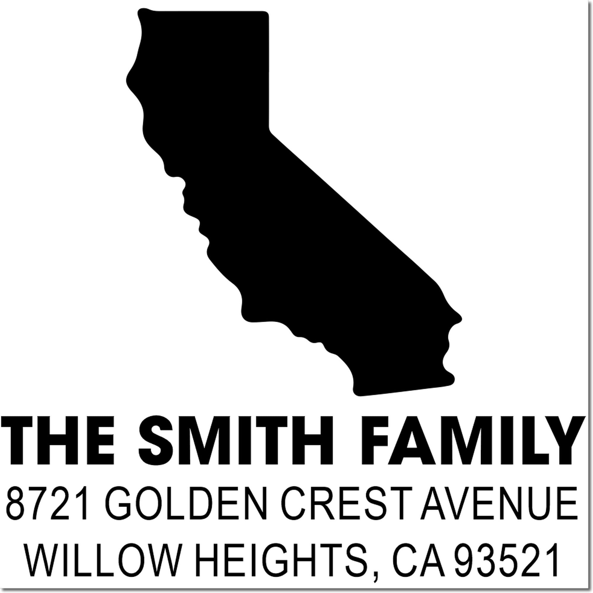 Custom California address rubber stamp for The Smith Family, 8721 Golden Crest Avenue, Willow Heights, CA 93521.