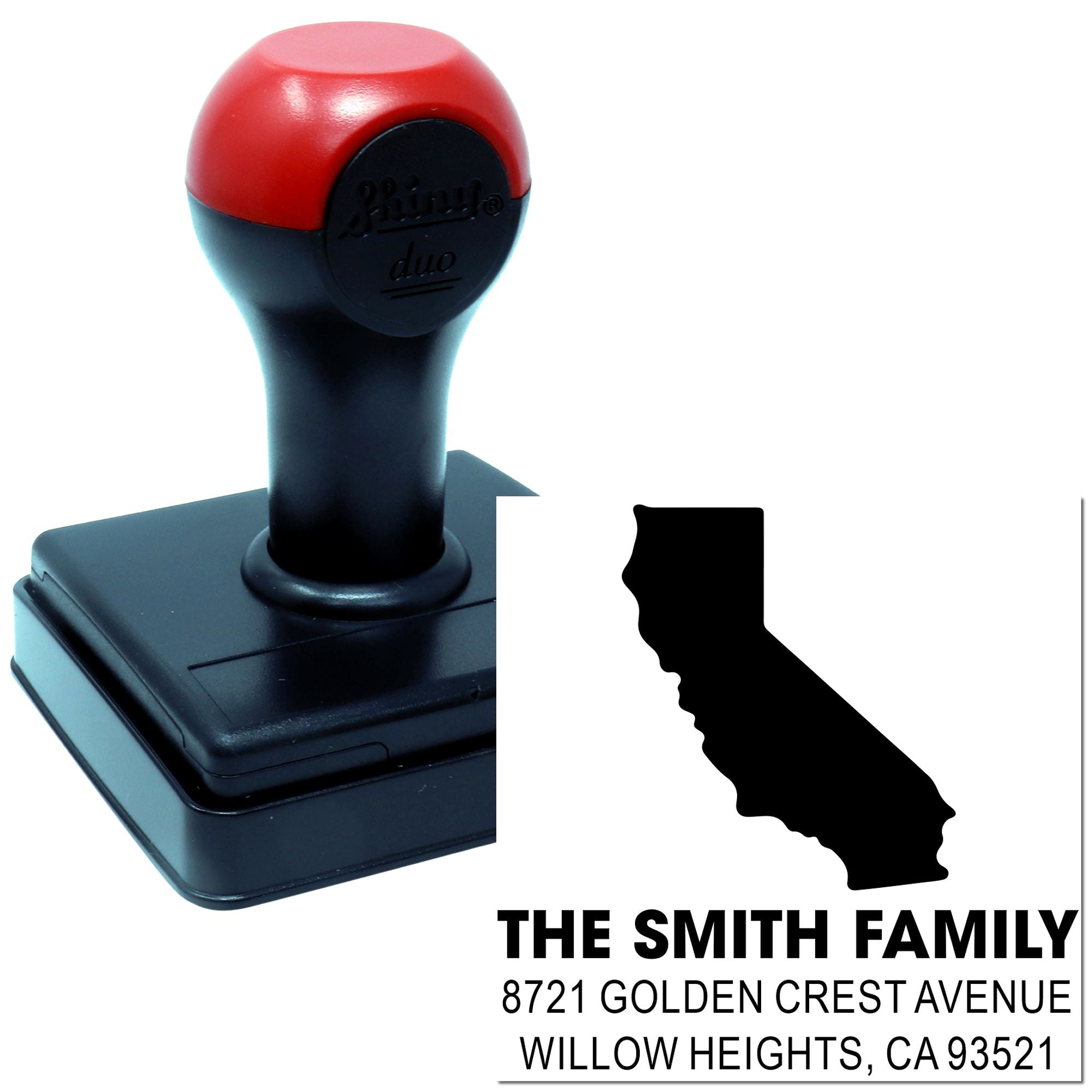 Custom California return address rubber stamp for The Smith Family, self-inking home address stamp