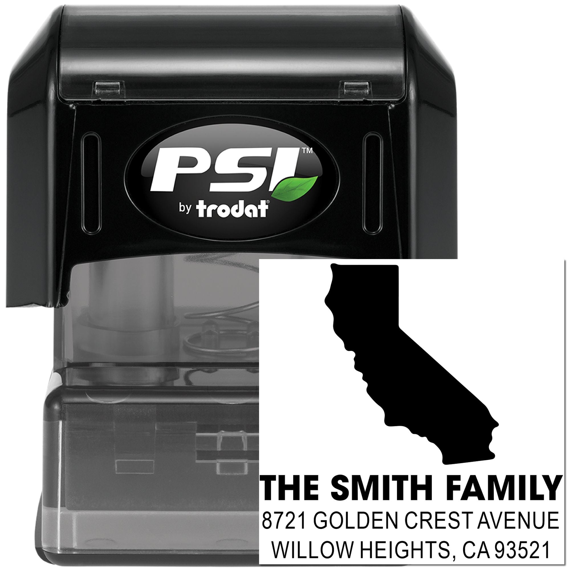 Custom self-inking address stamp with California silhouette for The Smith Family, Willow Heights, CA mailings