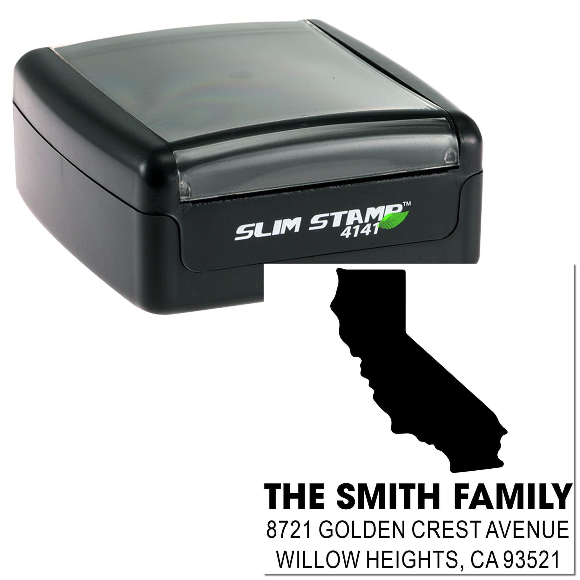 Custom California return address rubber stamp with family name, address, and state silhouette on Slim Stamp 4141.