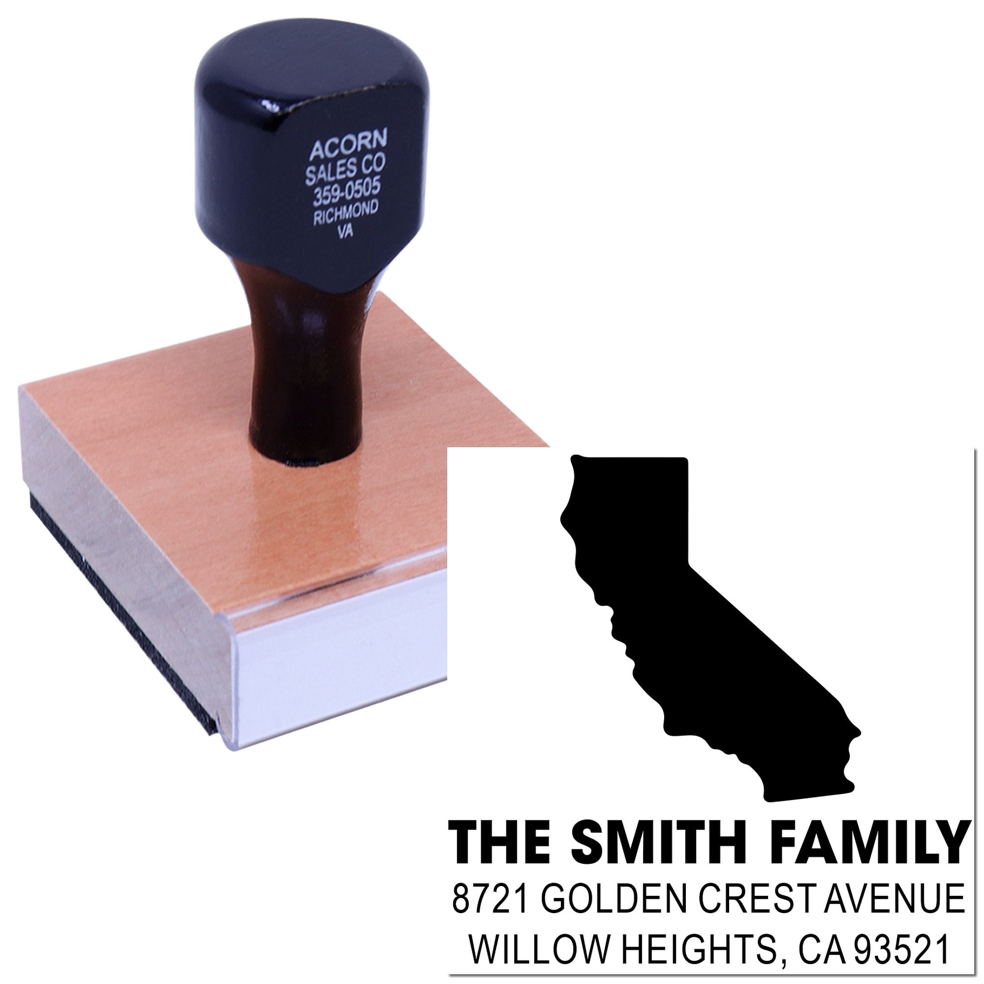 Custom California return address rubber stamp for The Smith Family with address imprint and state silhouette.