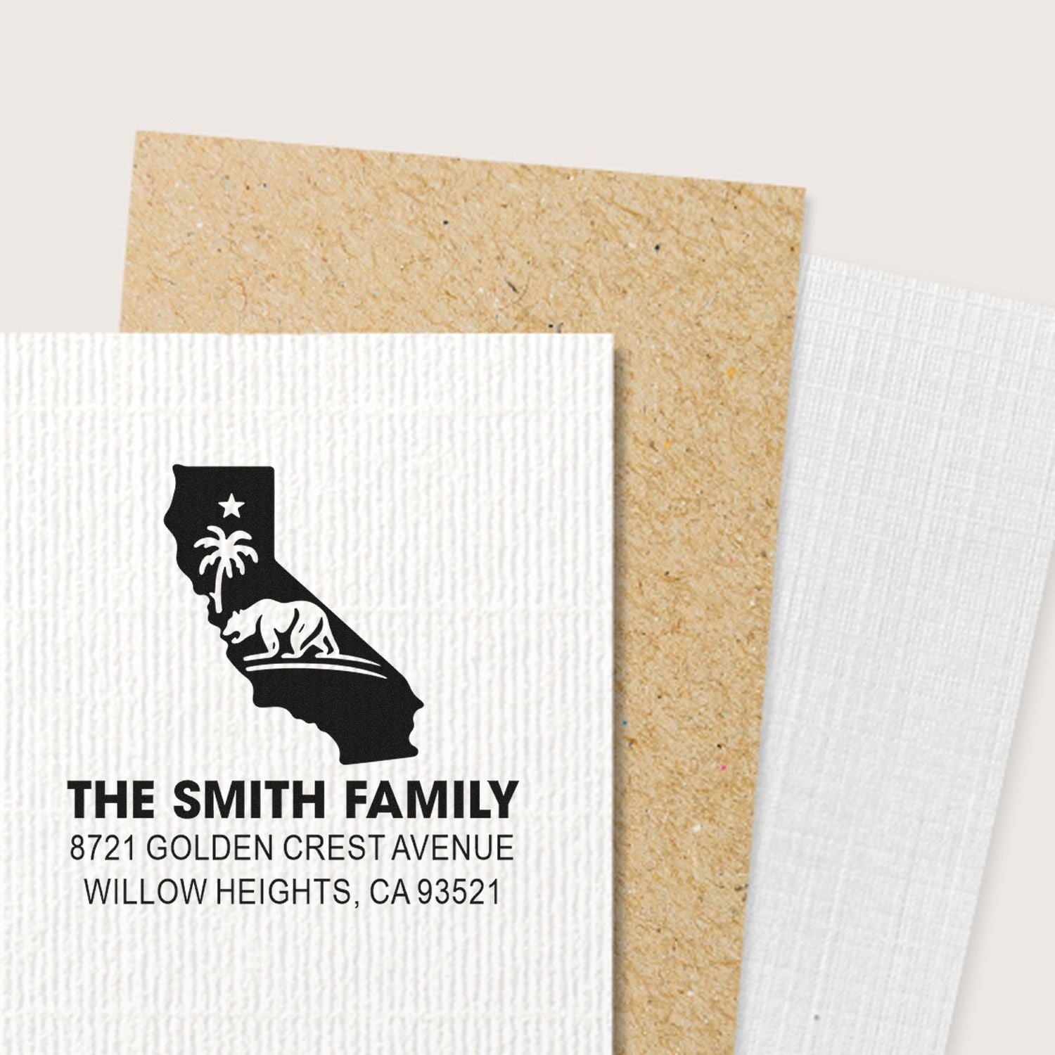 Custom rubber stamp return address design with California bear, palm tree, and The Smith Family mailing address.
