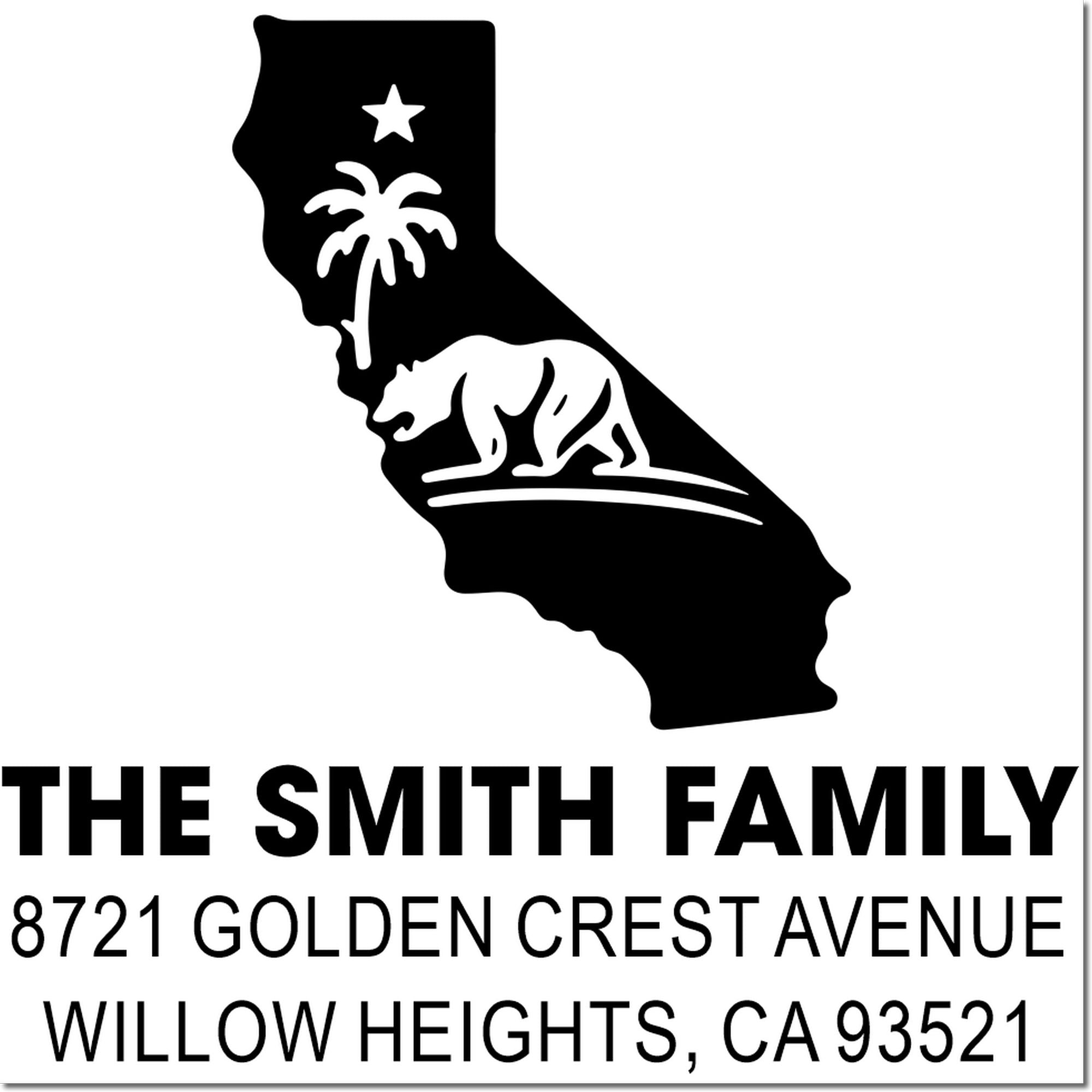 Custom California family address rubber stamp with bear and palm tree, for The Smith Family in Willow Heights, CA.