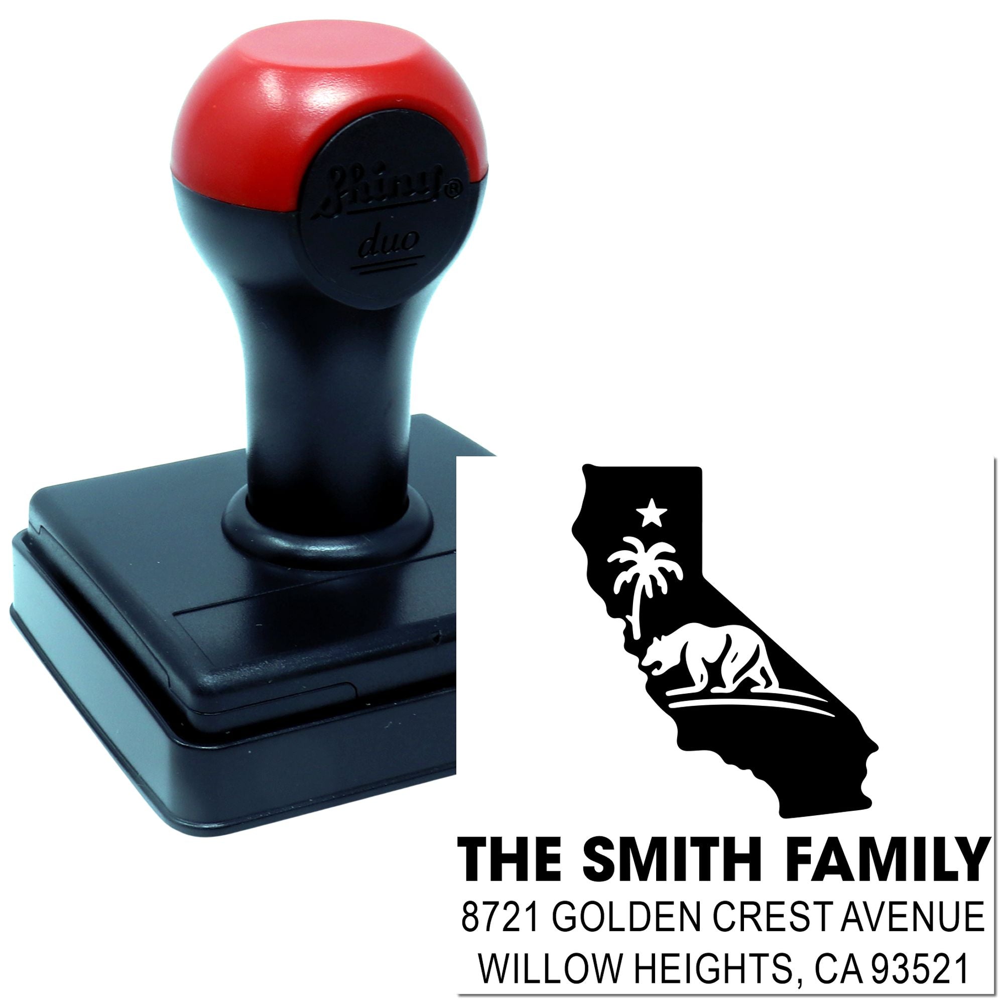 Custom self-inking rubber address stamp with California family name and address design, featuring state silhouette.