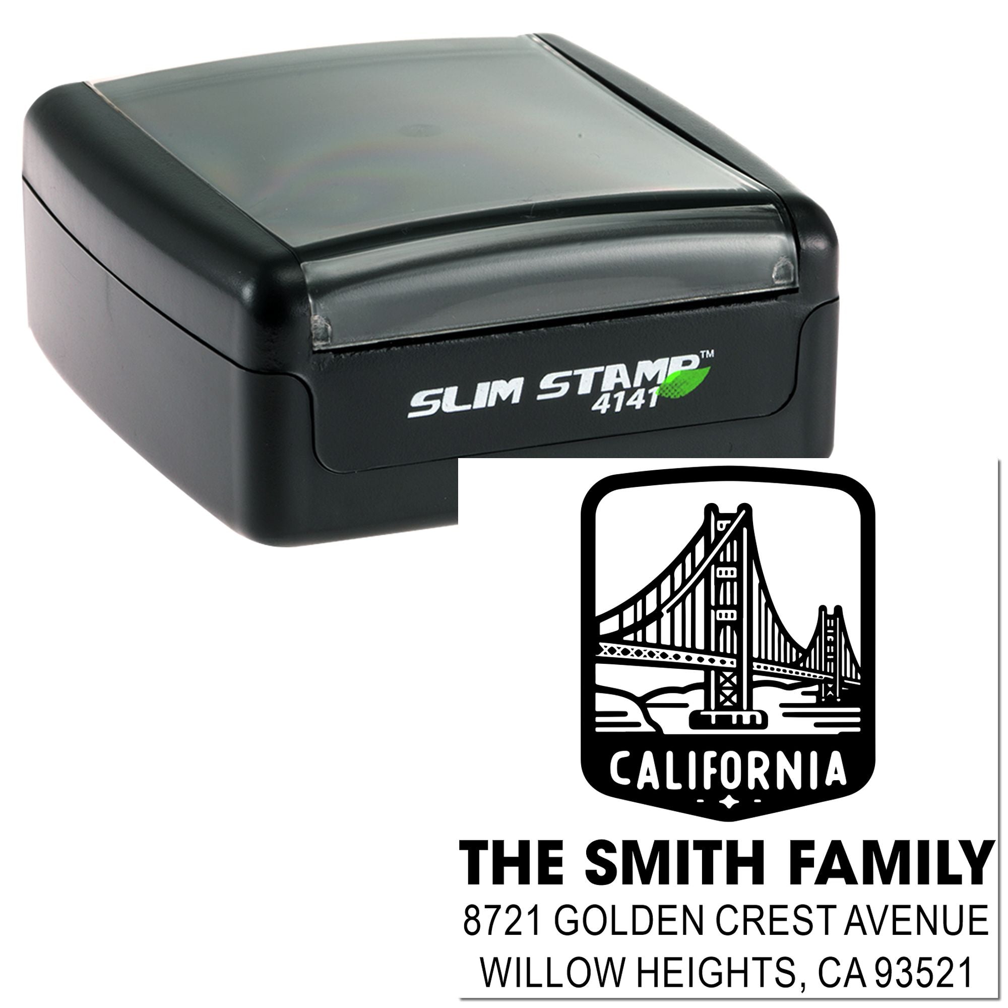 Custom California address rubber stamp with Slim Stamp 4141 self-inking design for The Smith Family, Willow Heights, CA