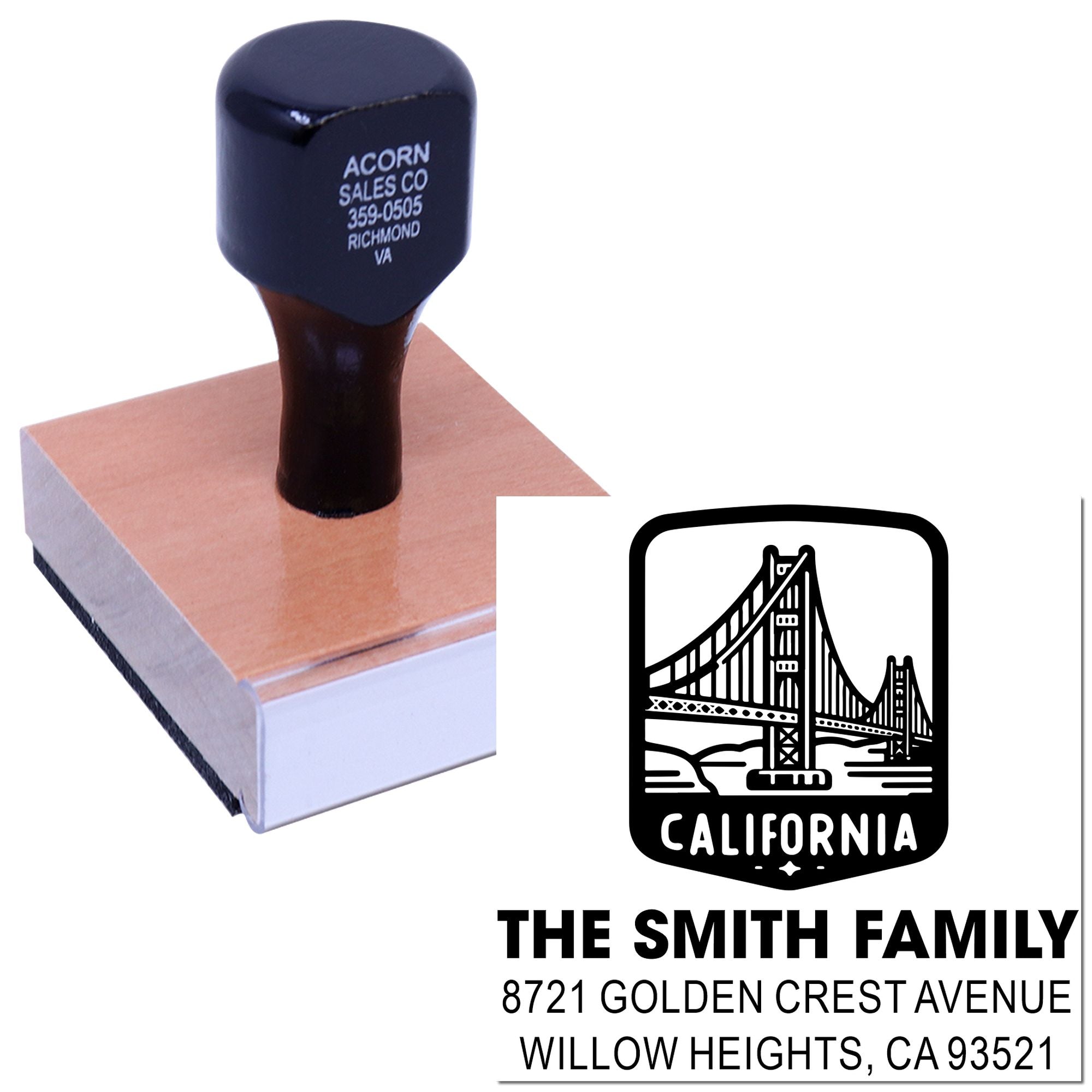 Custom rubber address stamp with California bridge design and The Smith Family return address for envelopes.