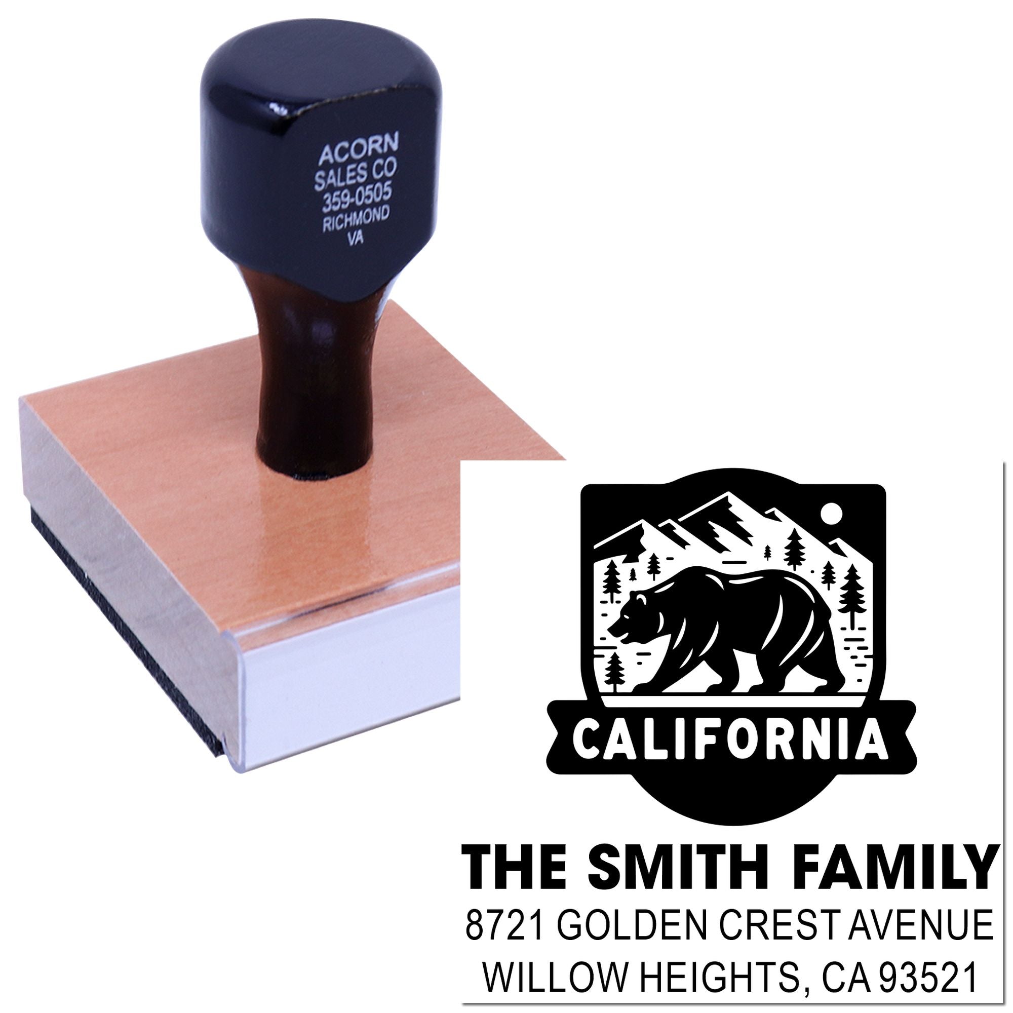 Custom California bear family address rubber stamp with self-inking stamp and return address impression.