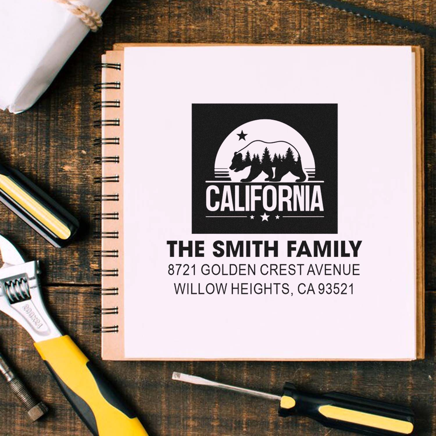 Personalized California return address rubber stamp for The Smith Family with bear logo