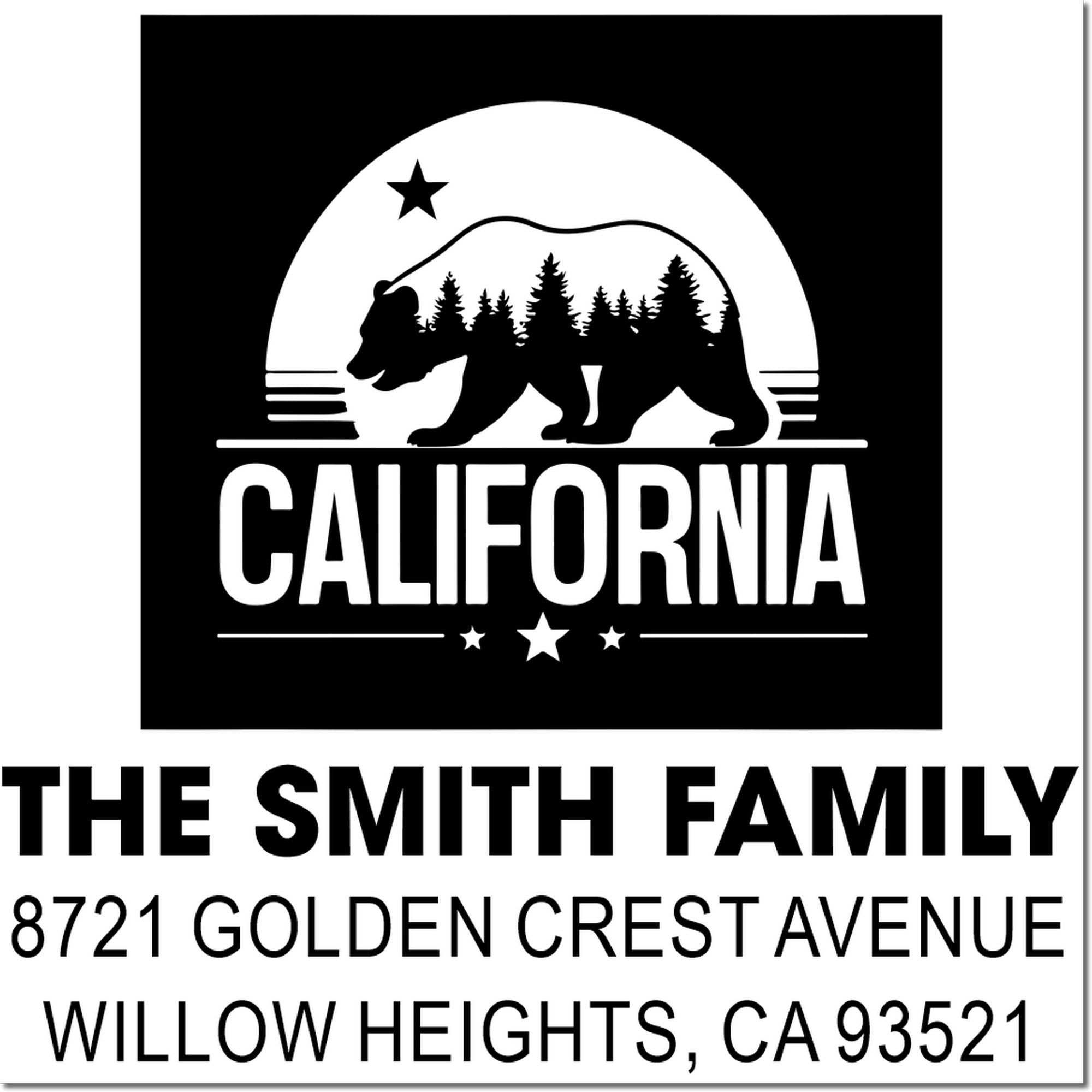 Custom California bear return address rubber stamp for The Smith Family, 8721 Golden Crest Avenue, Willow Heights, CA 93521