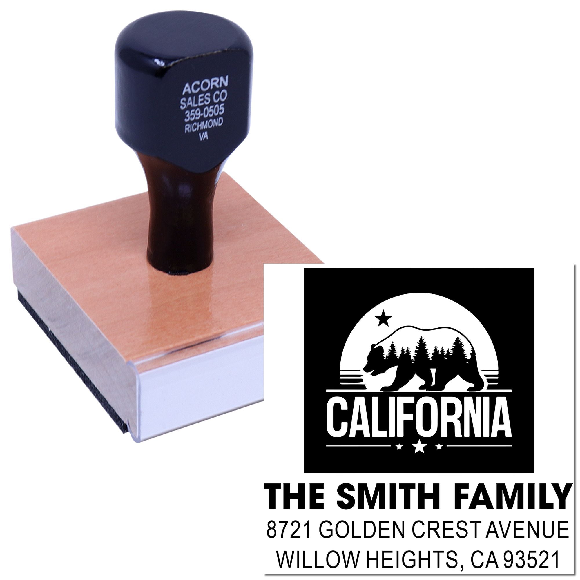 Custom rubber address stamp with California bear design for The Smith Family, featuring name and Willow Heights, CA address.