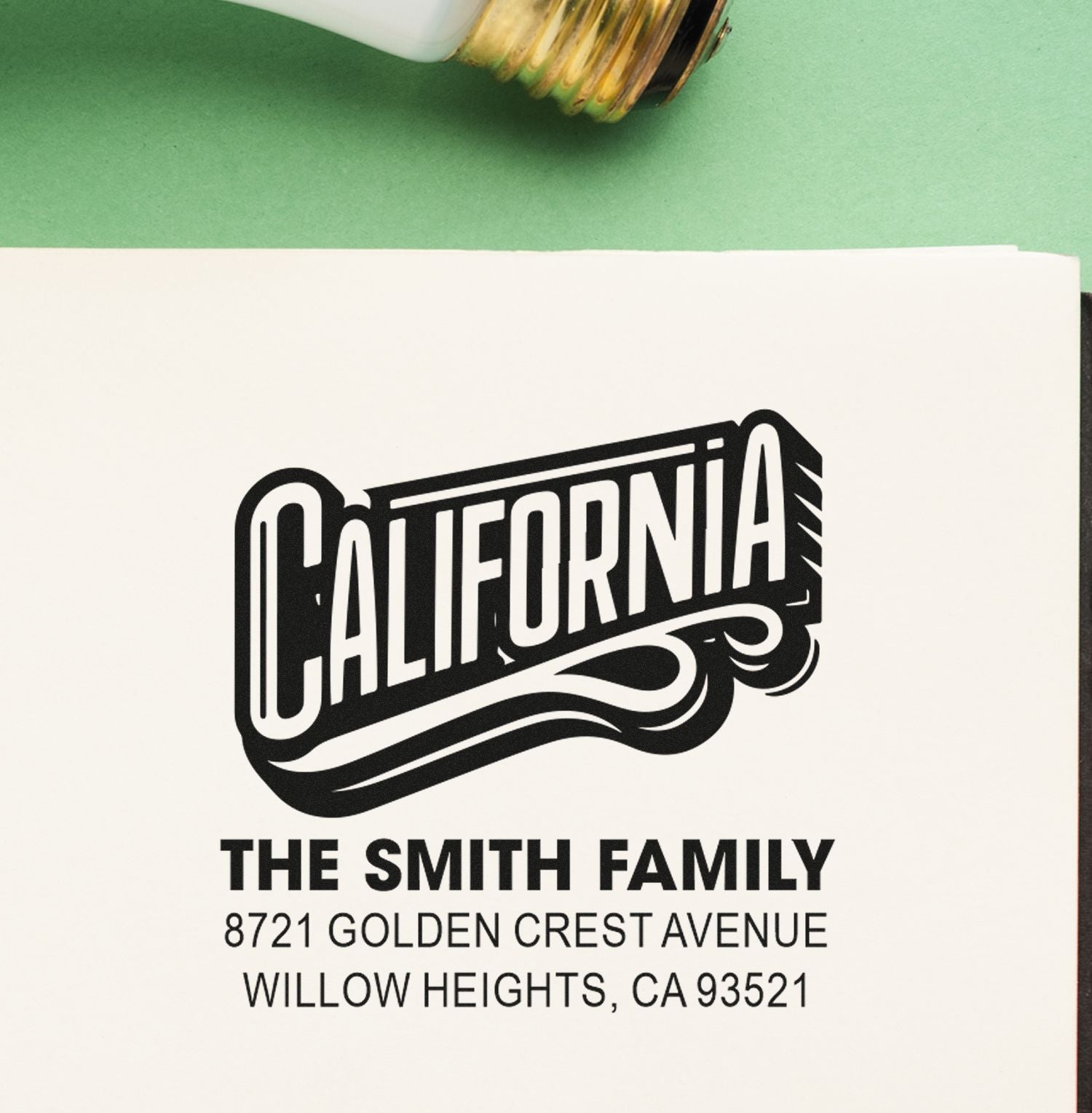 Custom California return address rubber stamp for The Smith Family, Willow Heights, CA 93521.