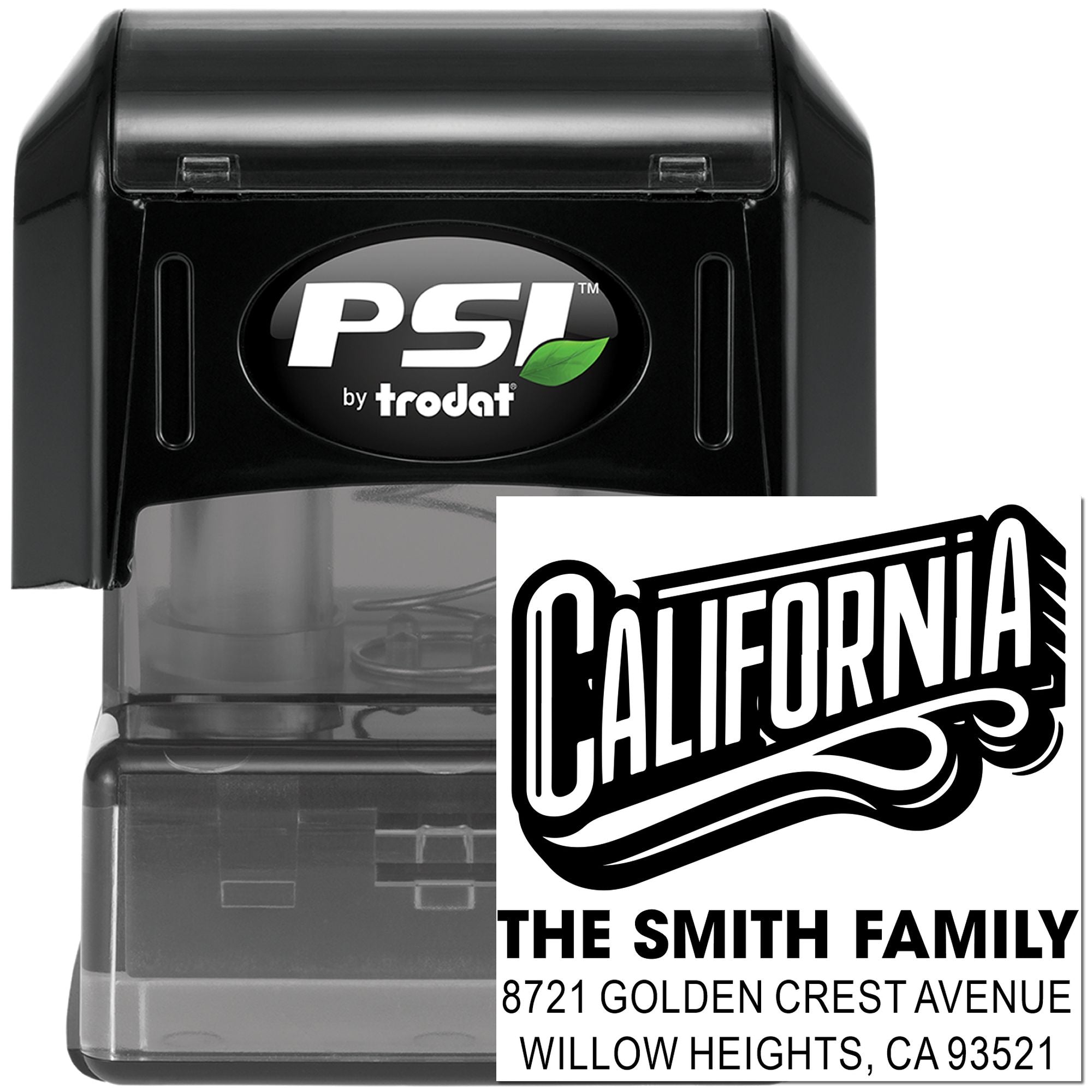 Custom California family address rubber stamp, self-inking PSI by Trodat, for personalized mailing and return addresses.
