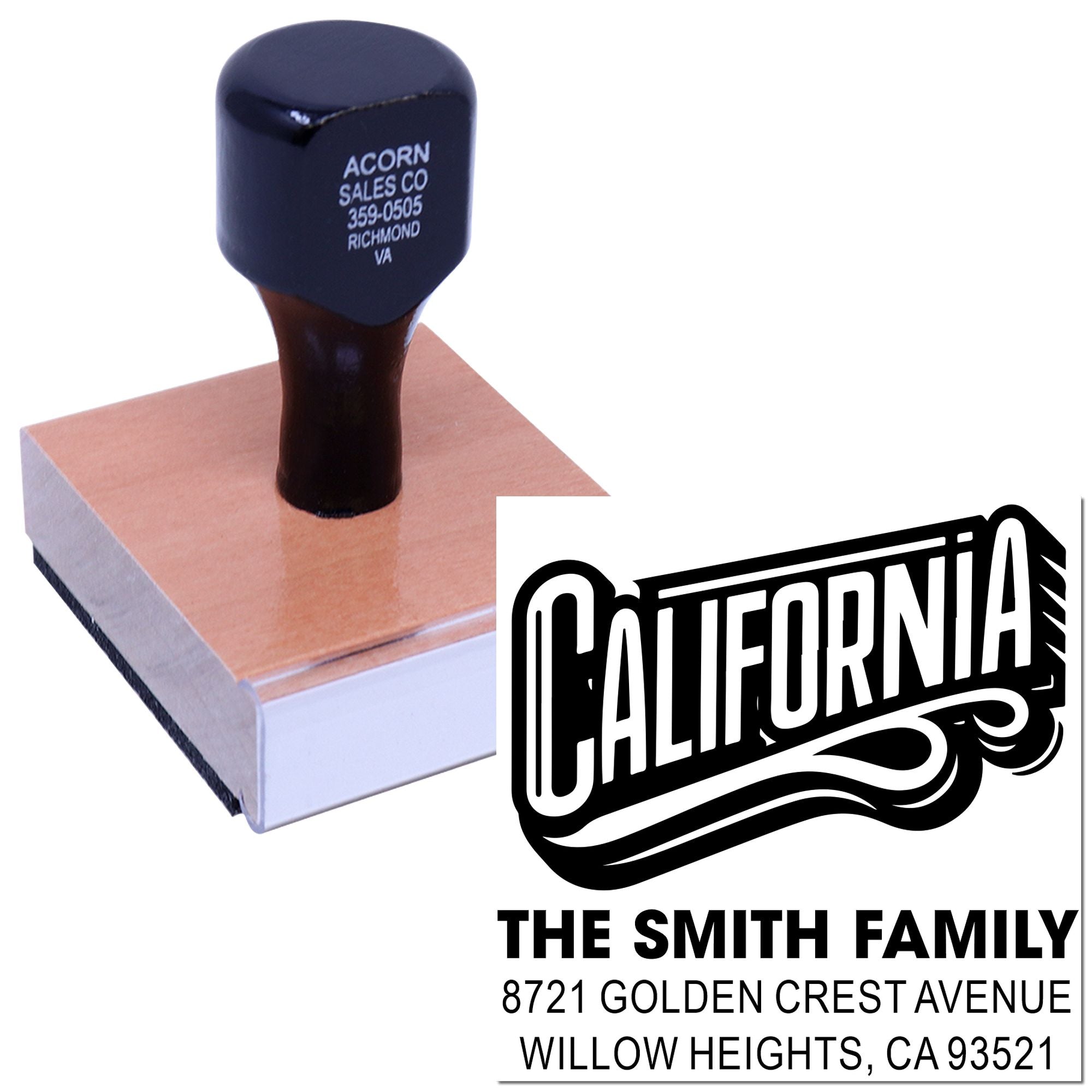 Custom California return address rubber stamp for family mailings with decorative city name design