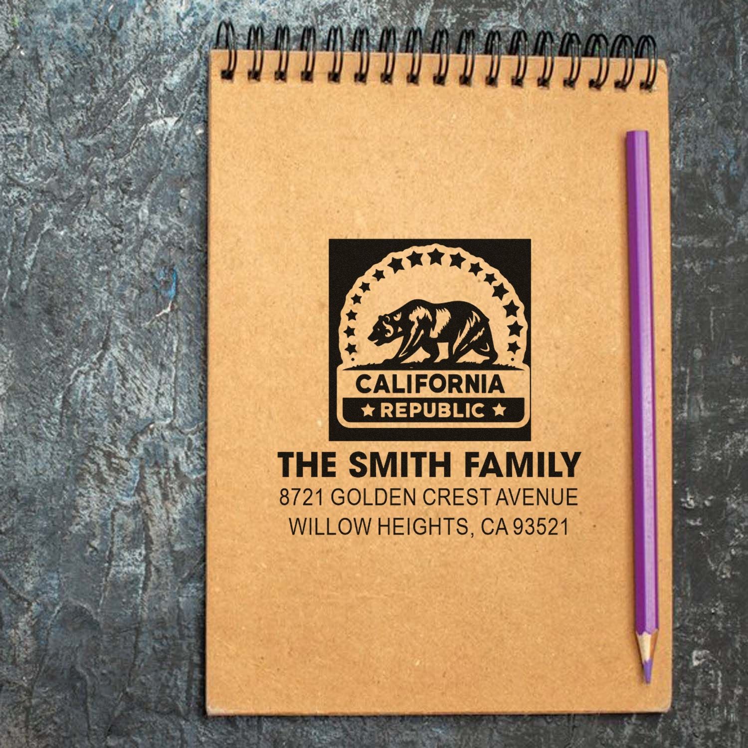 Custom personalized return address rubber stamp with California Republic bear design for The Smith Family, Willow Heights, CA.